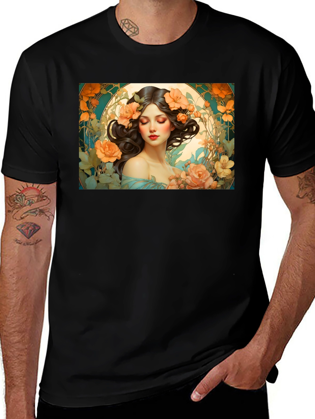 Floral Art Nouveau T-Shirt - Woman with Flowers