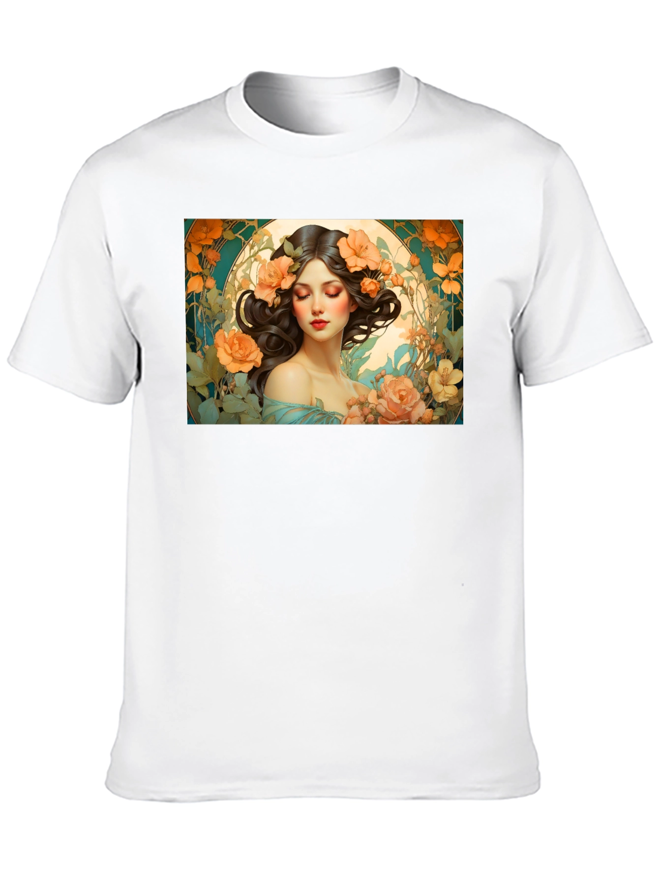Floral Art Nouveau T-Shirt - Woman with Flowers