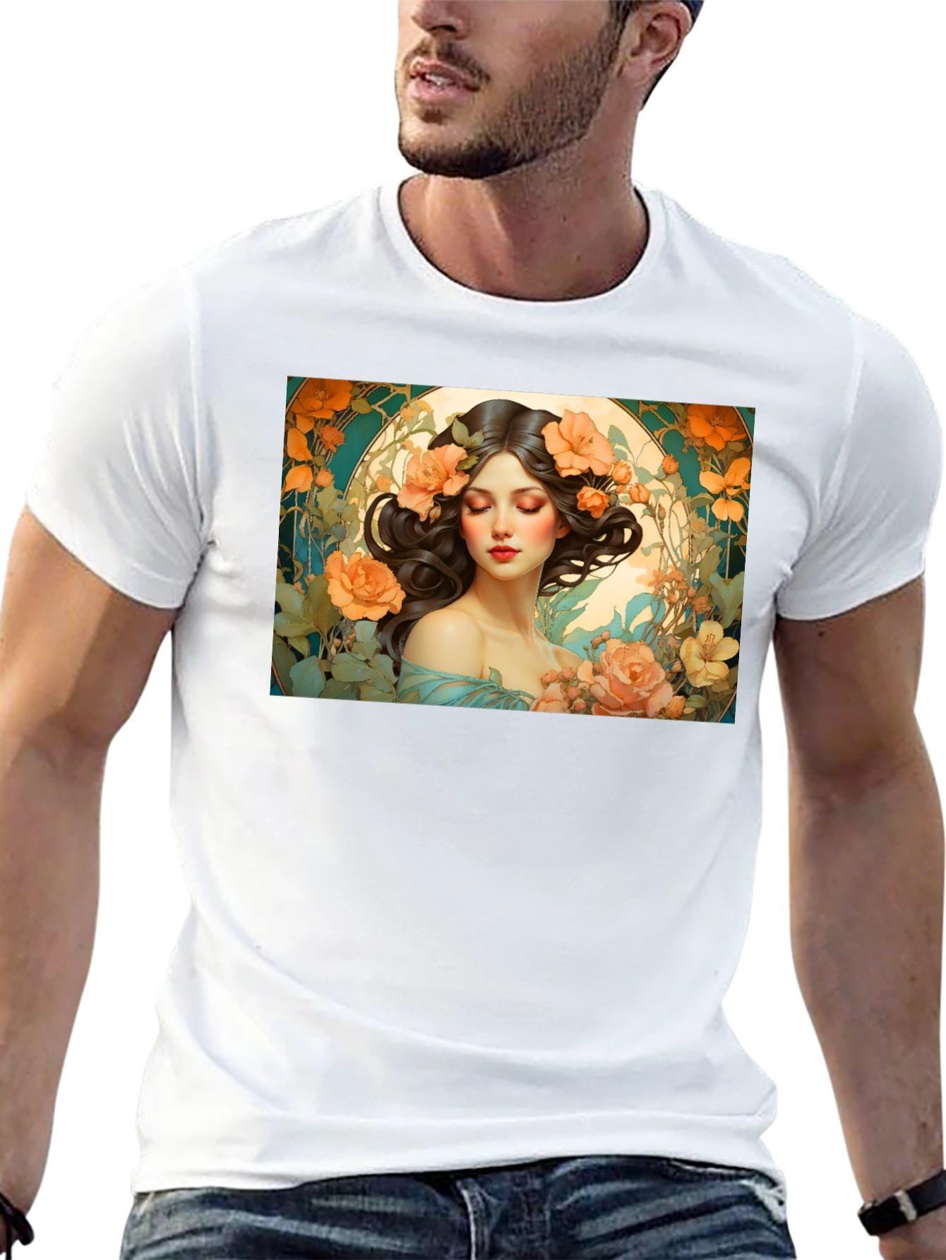 Floral Art Nouveau T-Shirt - Woman with Flowers