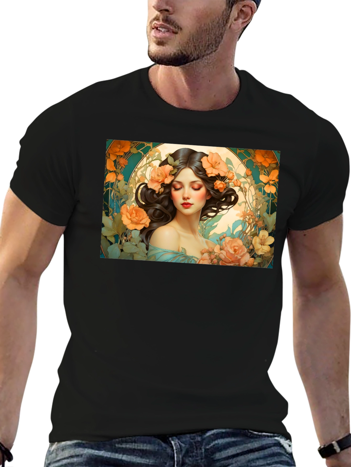 Floral Art Nouveau T-Shirt - Woman with Flowers