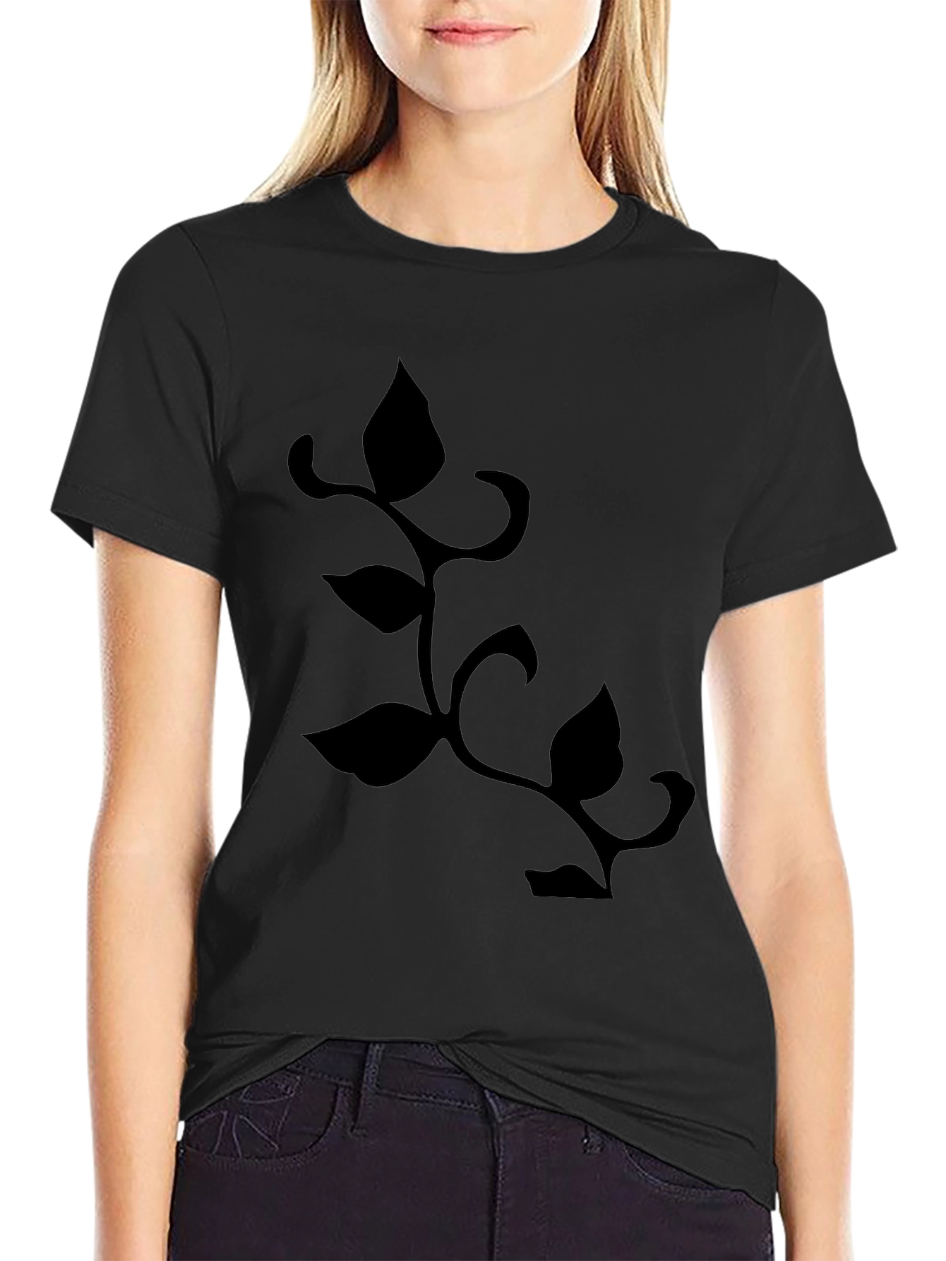 Mens Black T-Shirt with Botanical Leaf Vine Design