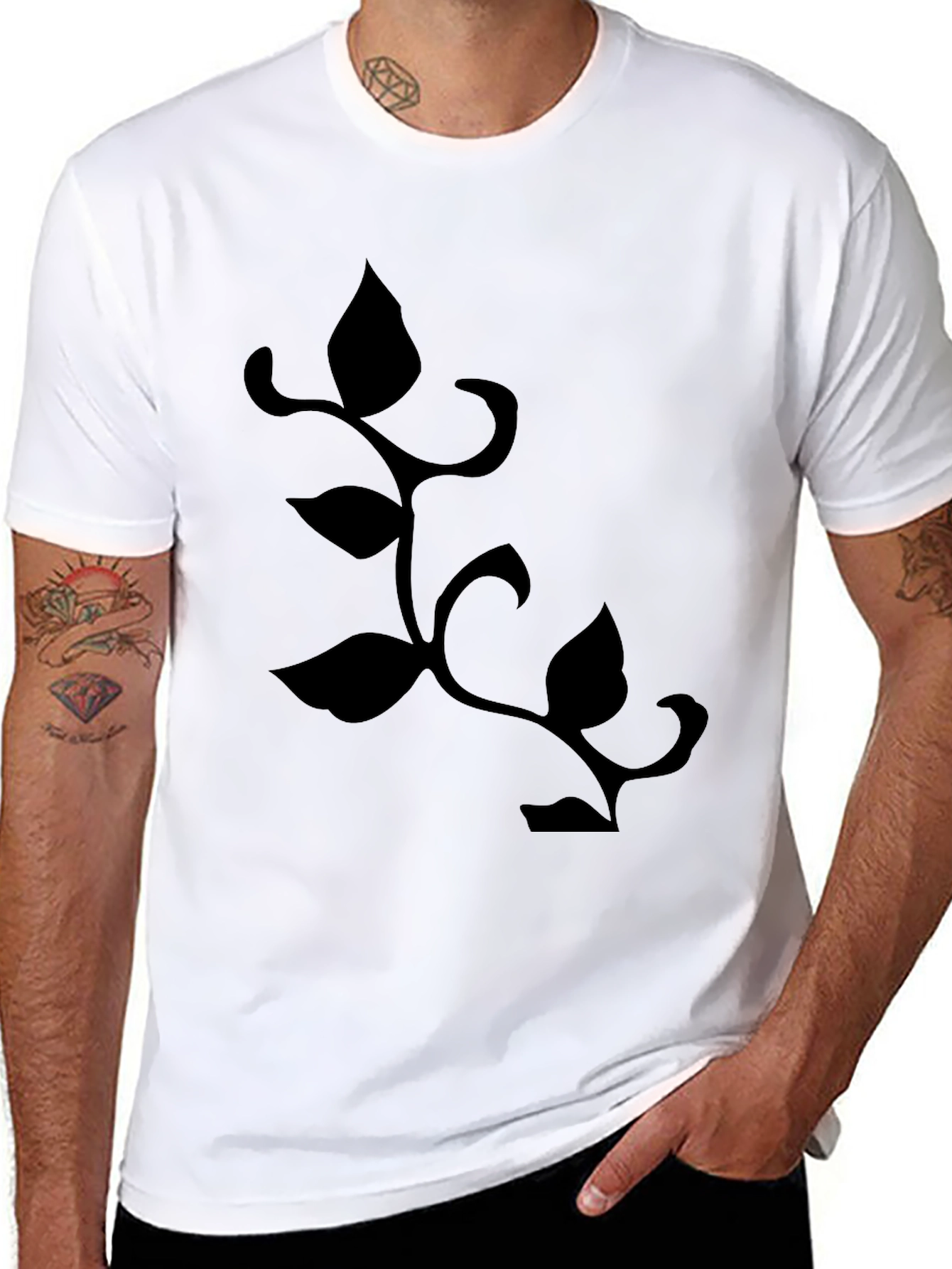 Mens Black T-Shirt with Botanical Leaf Vine Design