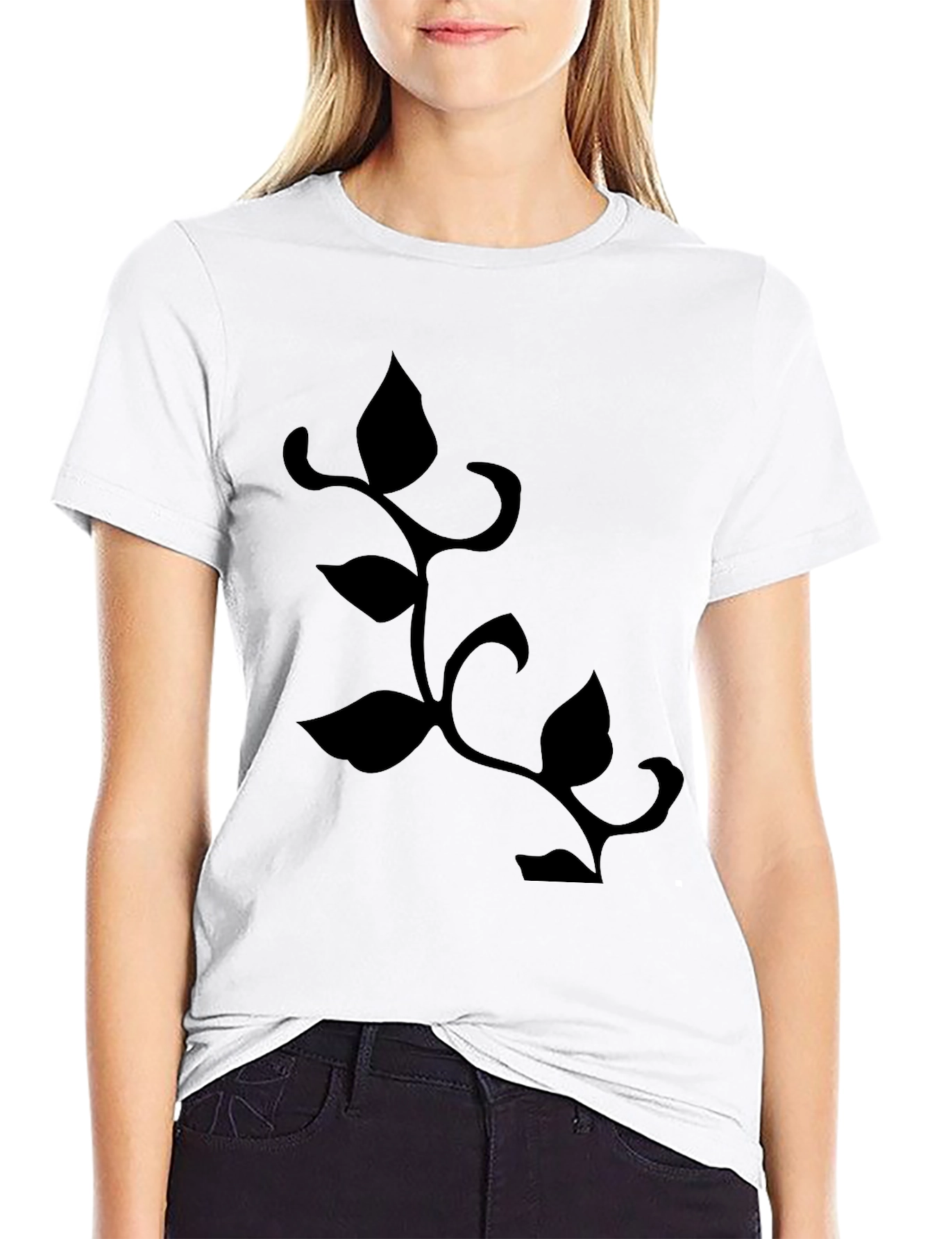 Mens Black T-Shirt with Botanical Leaf Vine Design