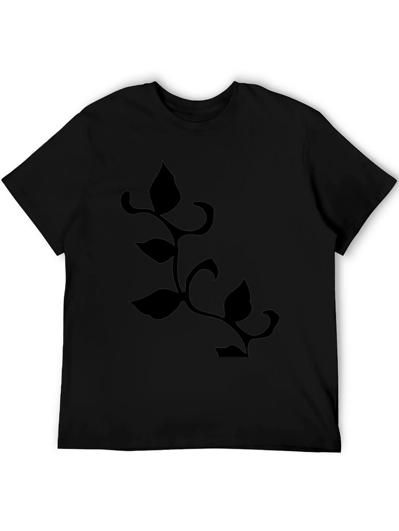 Mens Black T-Shirt with Botanical Leaf Vine Design
