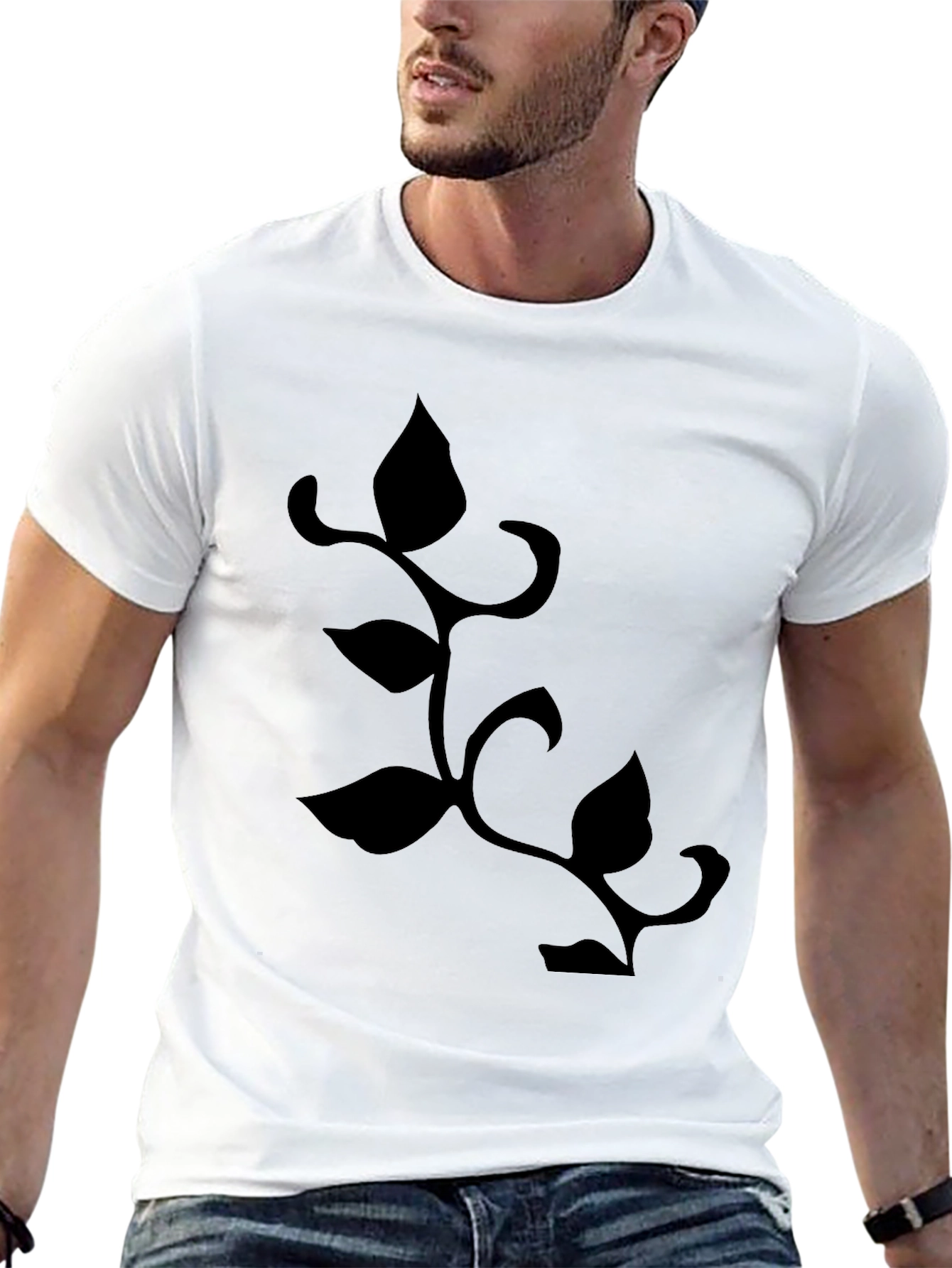 Mens Black T-Shirt with Botanical Leaf Vine Design