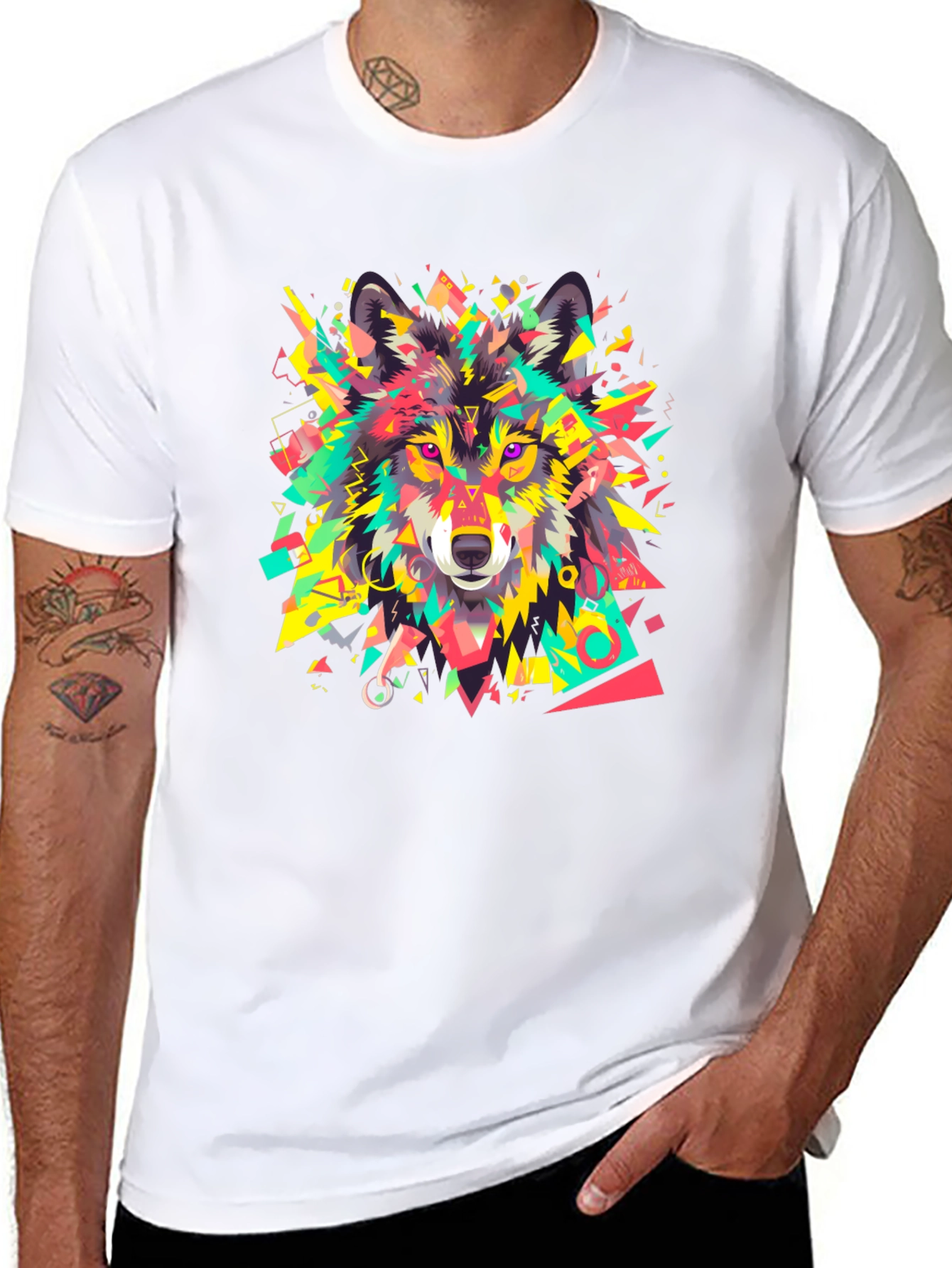 Geometric Wolf Graphic Black T-Shirt