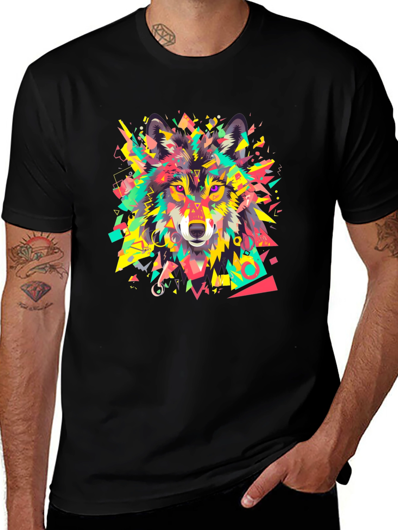Geometric Wolf Graphic Black T-Shirt
