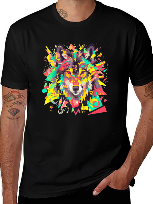 Geometric Wolf Graphic Black T-Shirt