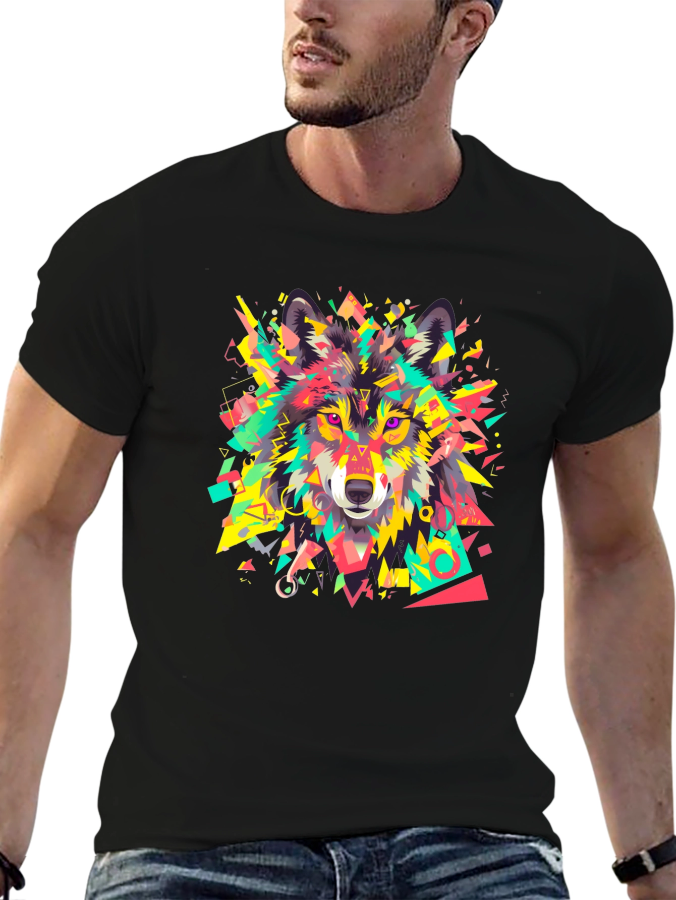 Geometric Wolf Graphic Black T-Shirt