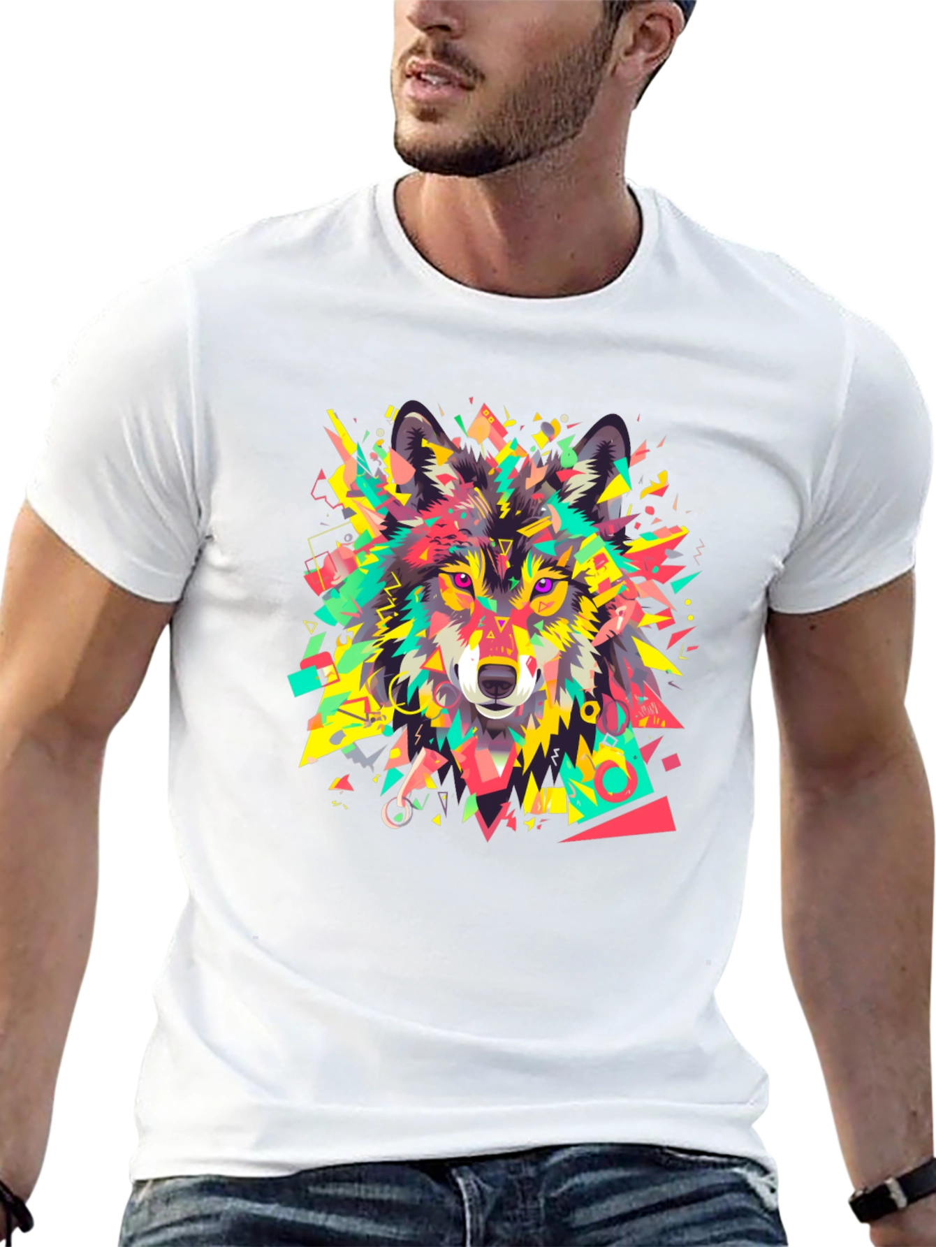 Geometric Wolf Graphic Black T-Shirt