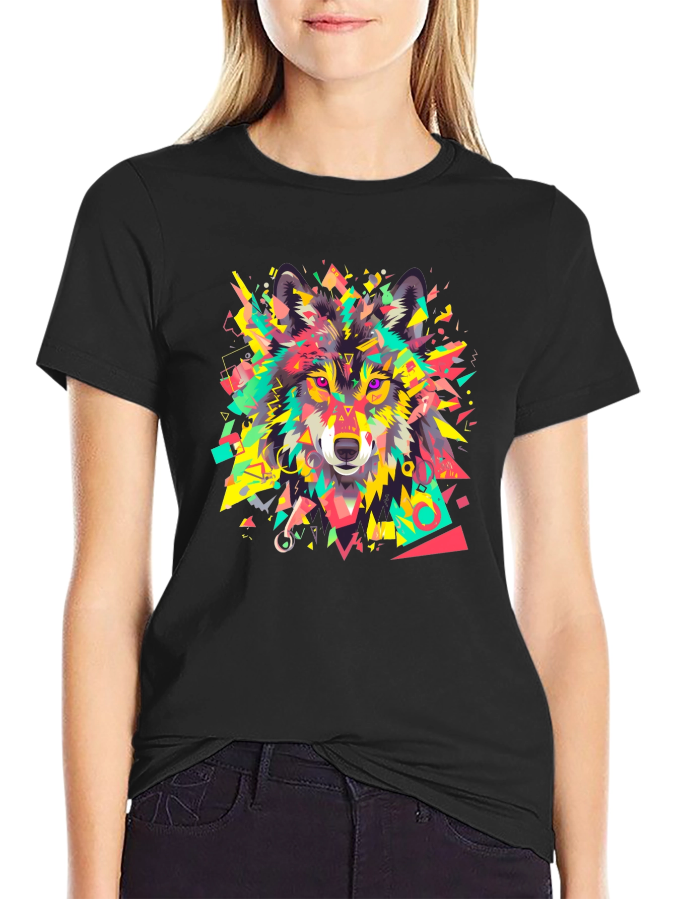 Geometric Wolf Graphic Black T-Shirt