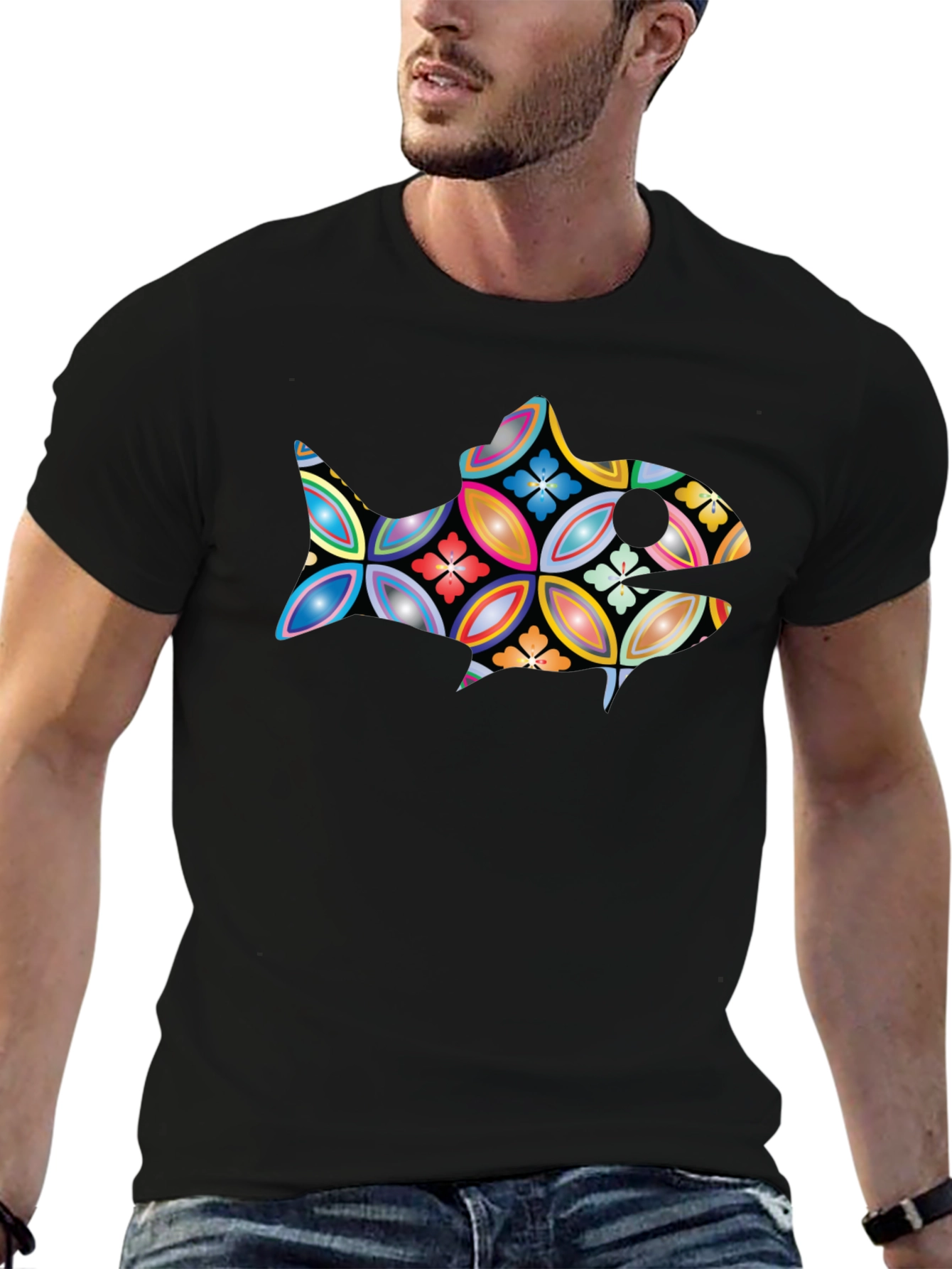 Abstract Fish Graphic Black T-Shirt