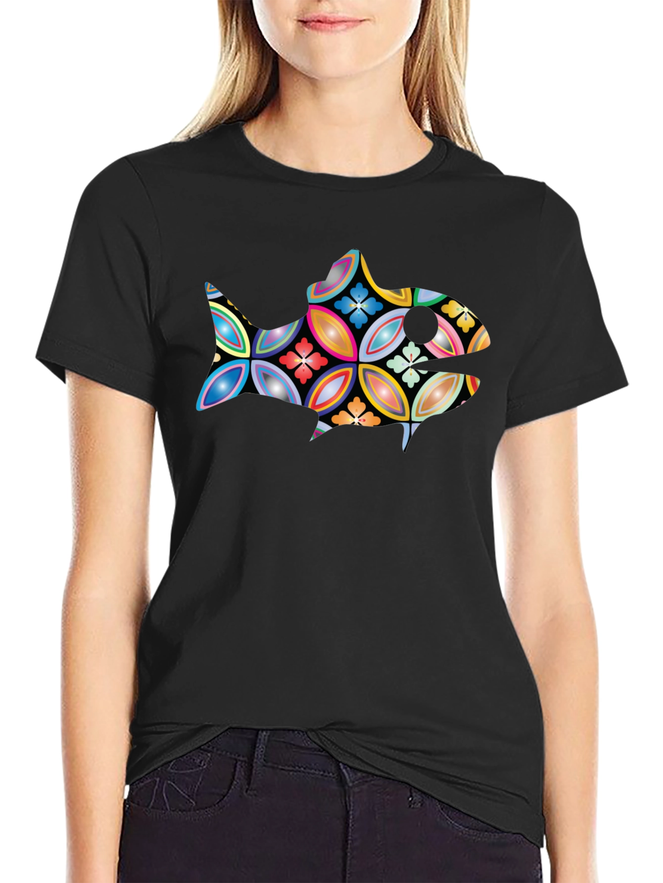 Abstract Fish Graphic Black T-Shirt