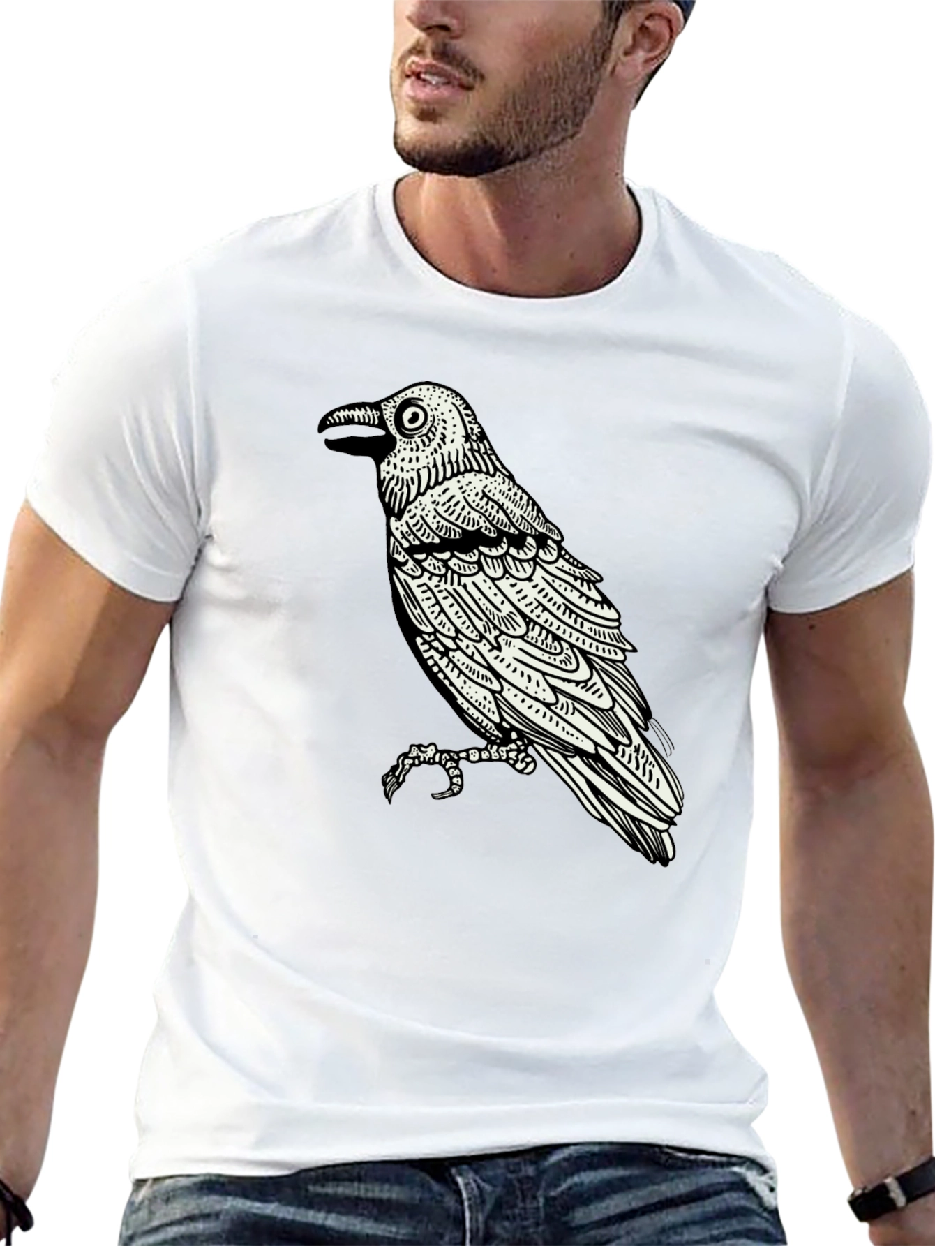 Raven Graphic Tee - Black Cotton Bird Print Shirt