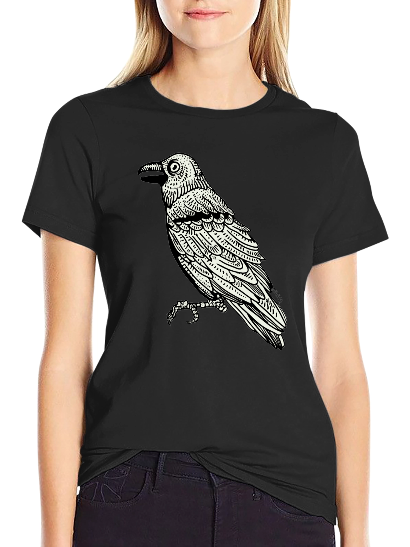 Raven Graphic Tee - Black Cotton Bird Print Shirt
