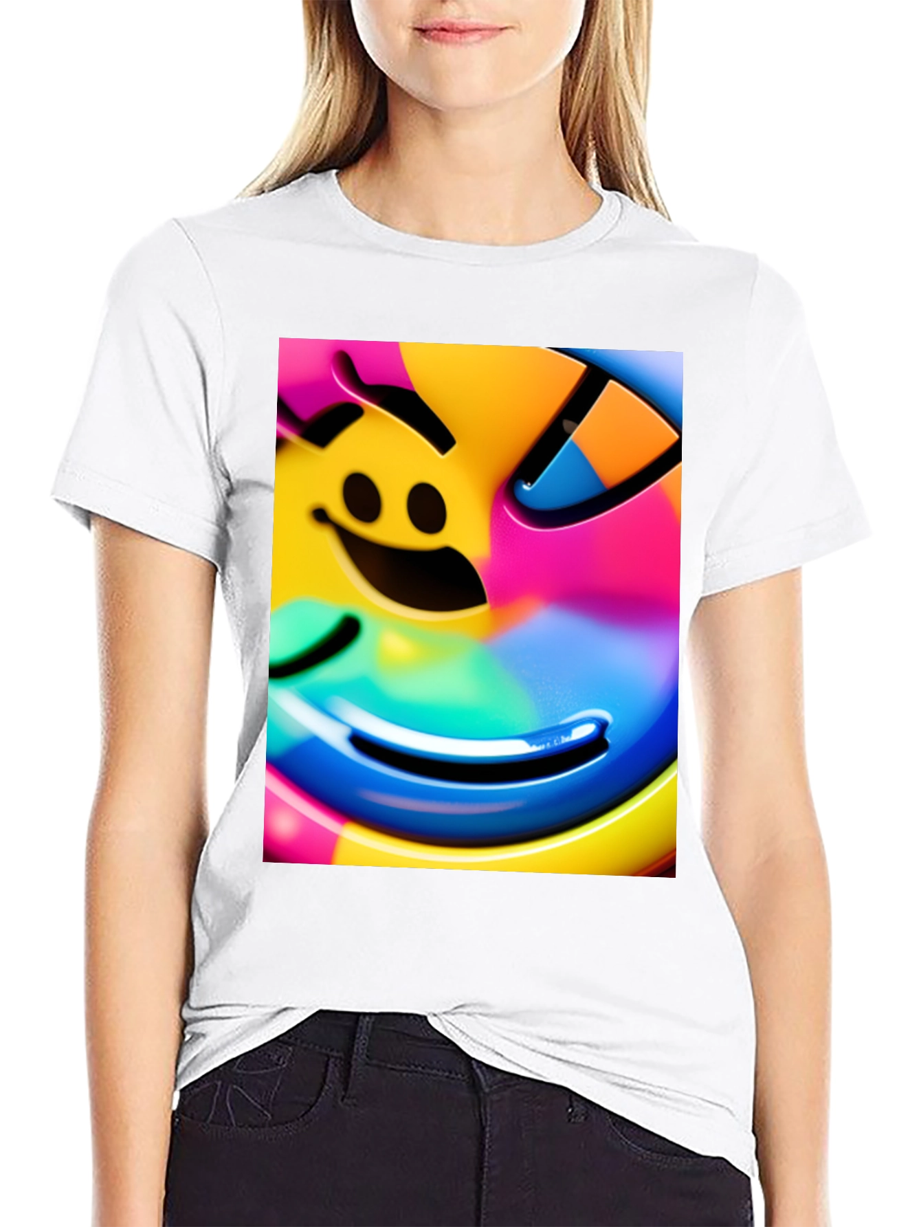 Vivid Smiley Face Graphic Tee - Black