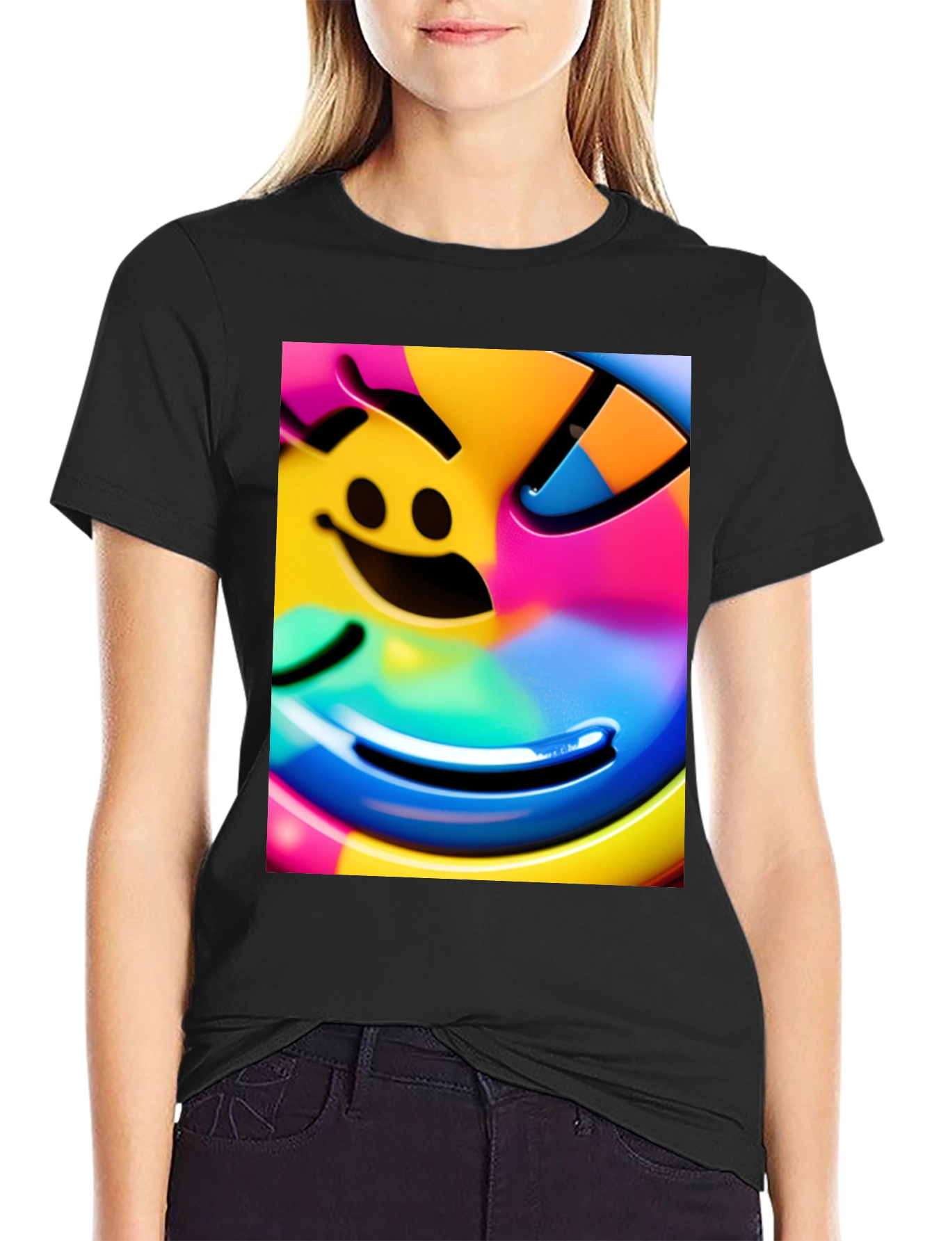 Vivid Smiley Face Graphic Tee - Black