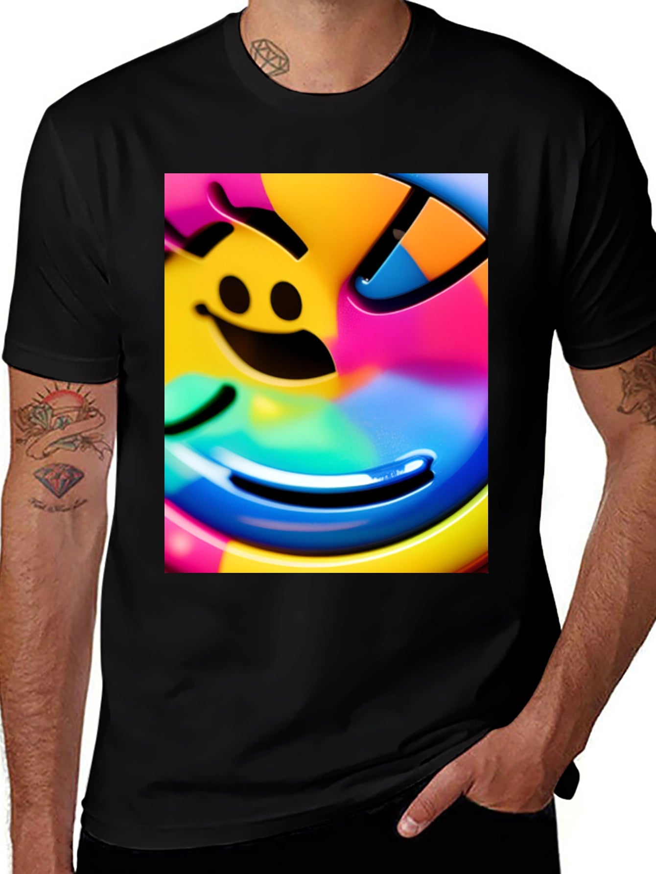 Vivid Smiley Face Graphic Tee - Black