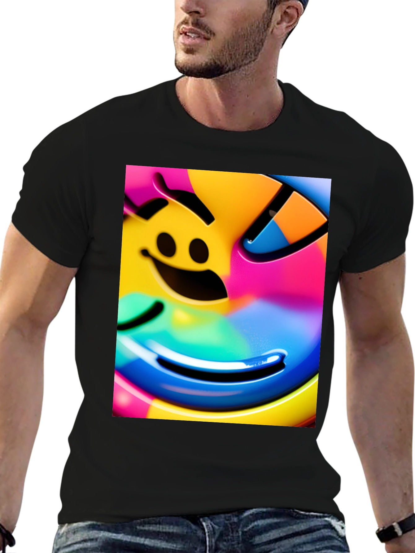 Vivid Smiley Face Graphic Tee - Black