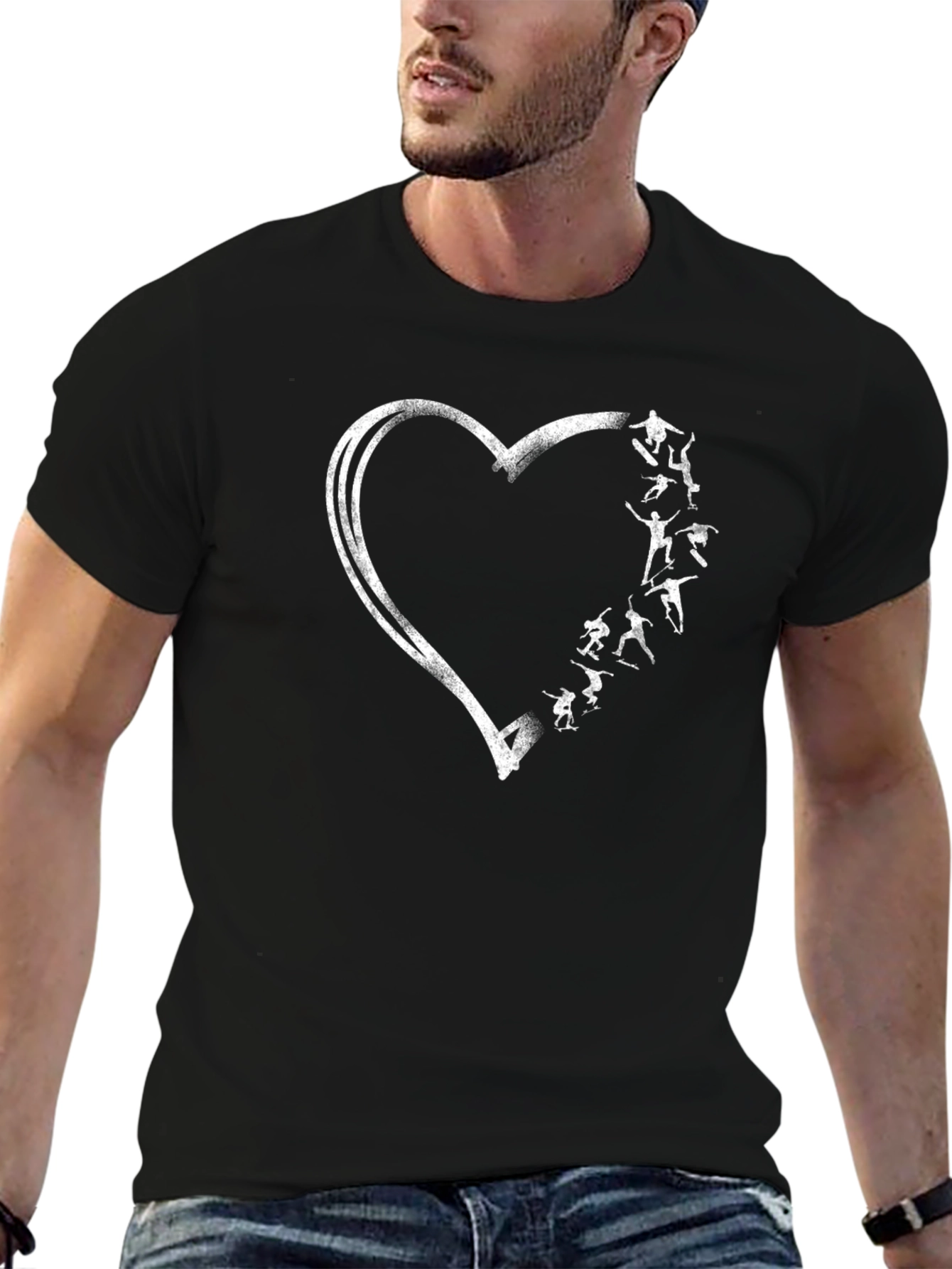 Skateboarder Heart Graphic Tee - Black Cotton Casual T-Shirt