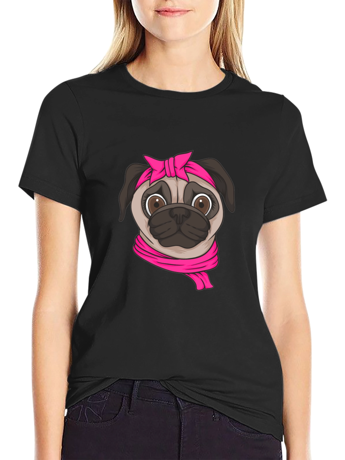 Pug with Pink Bandana Graphic T-Shirt - Black