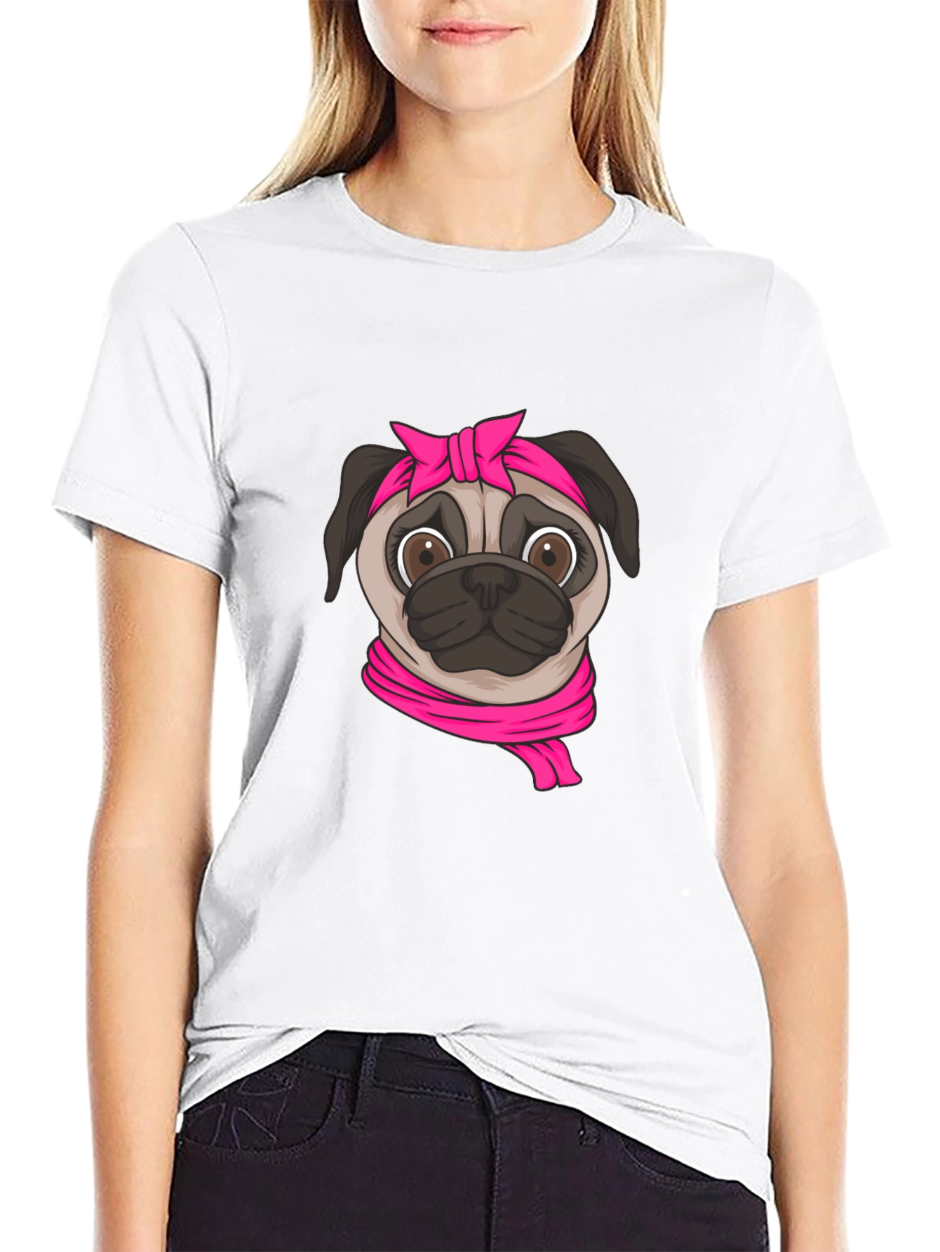 Pug with Pink Bandana Graphic T-Shirt - Black