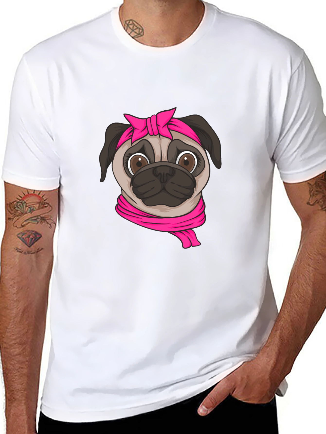 Pug with Pink Bandana Graphic T-Shirt - Black