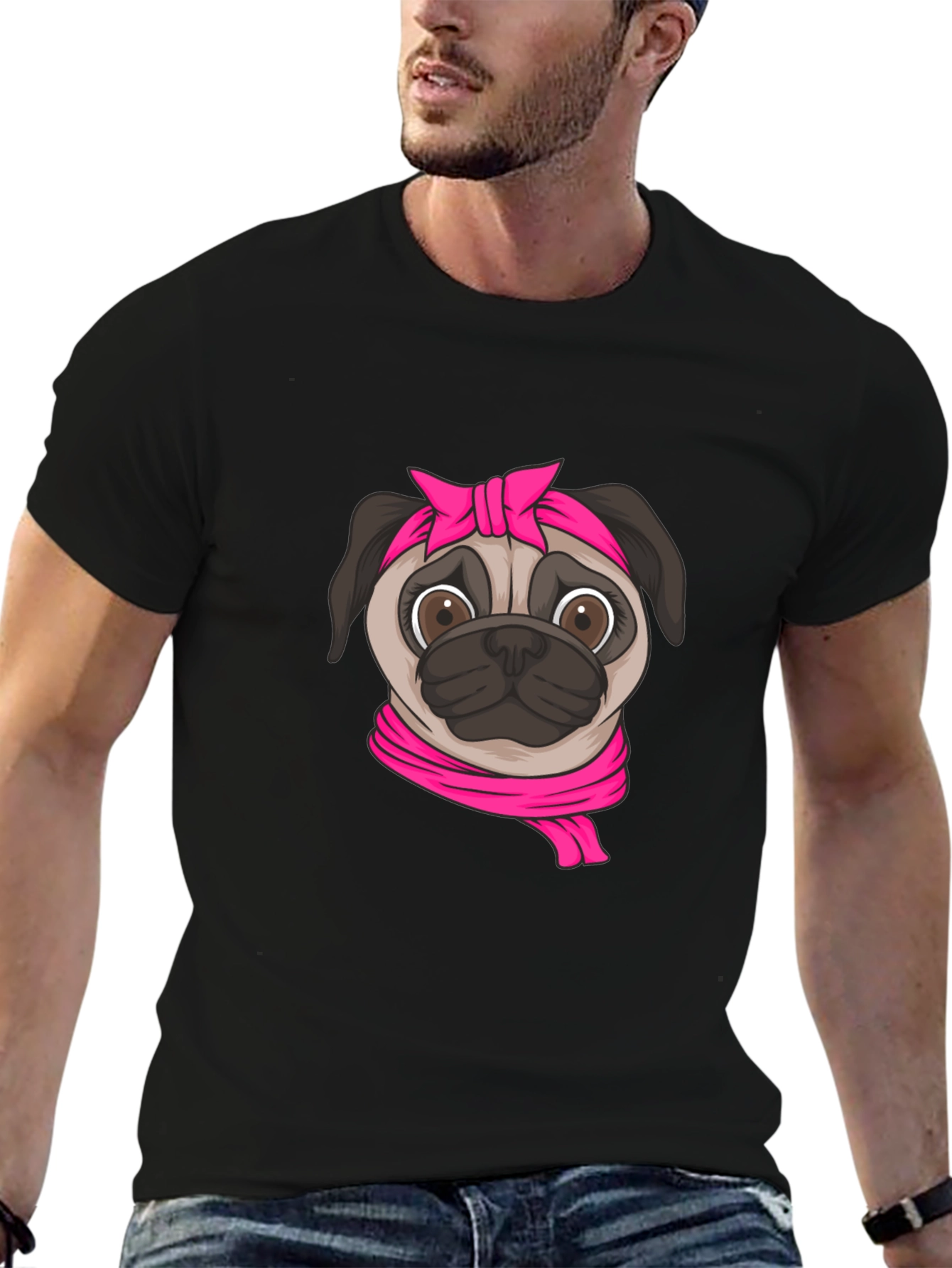 Pug with Pink Bandana Graphic T-Shirt - Black