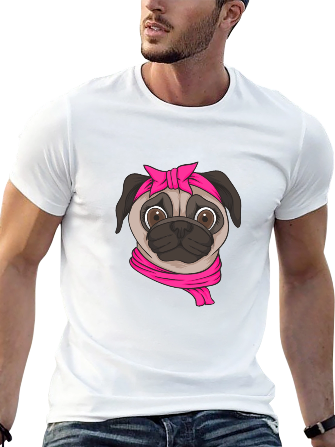 Pug with Pink Bandana Graphic T-Shirt - Black