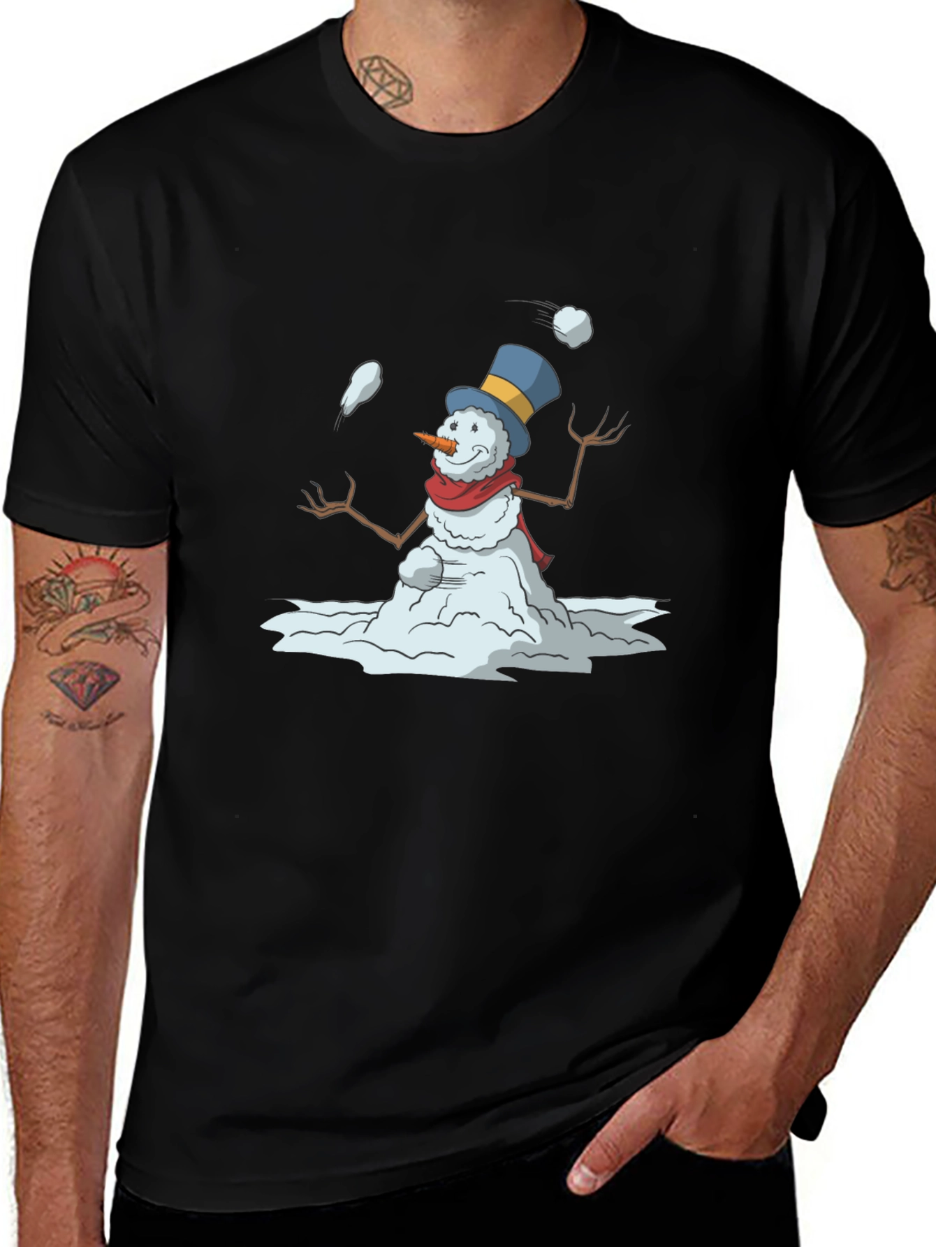 Snowman Juggling Black T-Shirt
