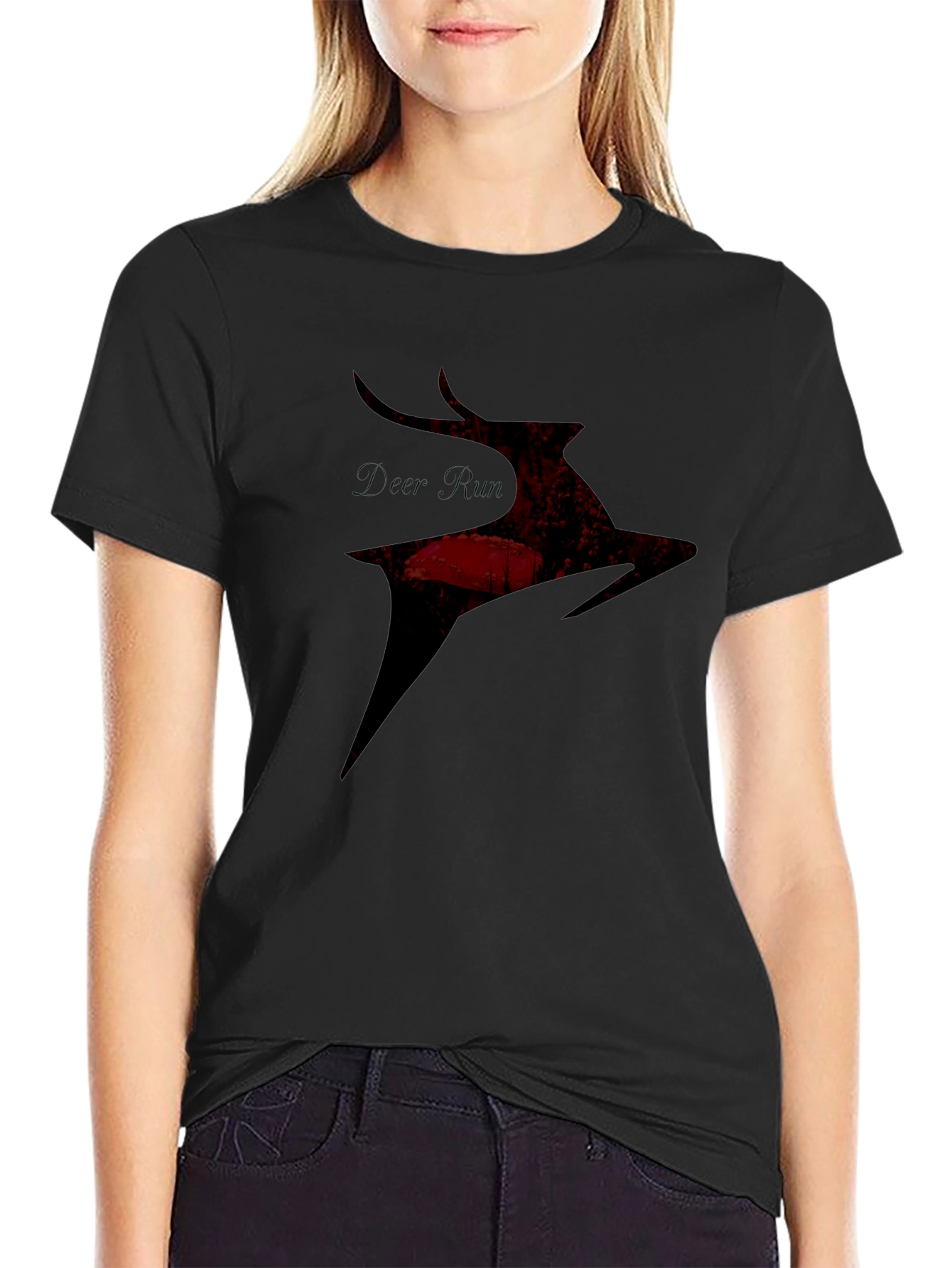 Deer Silhouette Graphic Tee - Black Casual T-Shirt