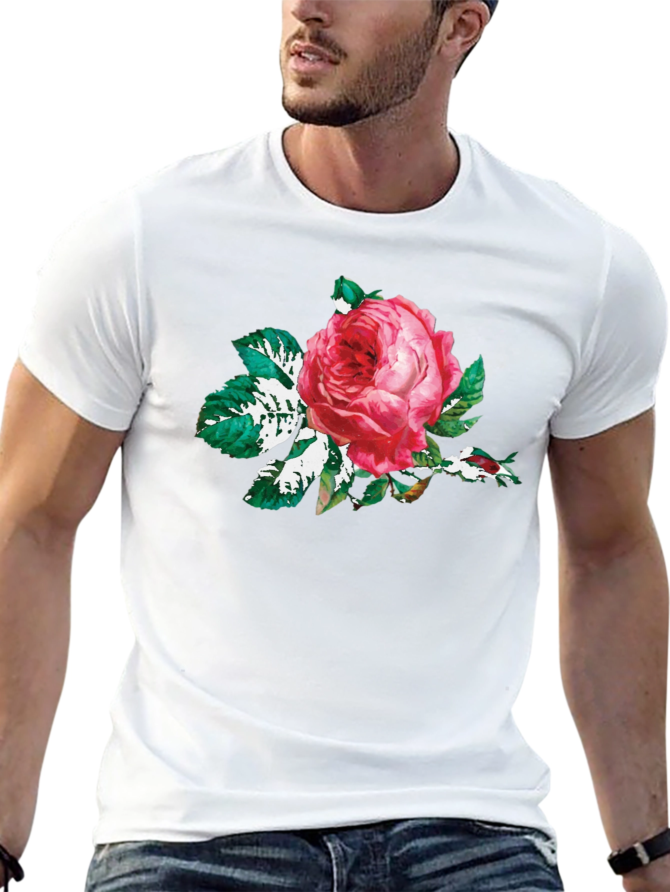 Black T-Shirt with Floral Rose Print