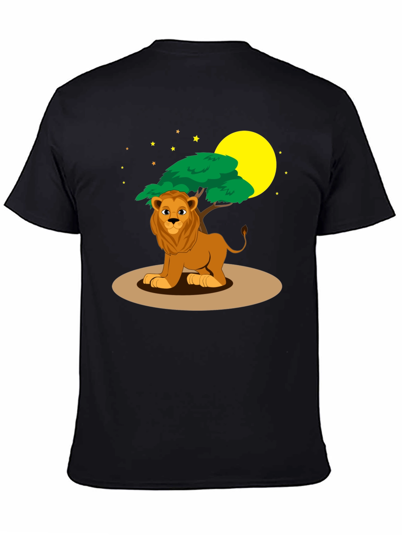 Cartoon Lion & Savannah Scene Black T-Shirt