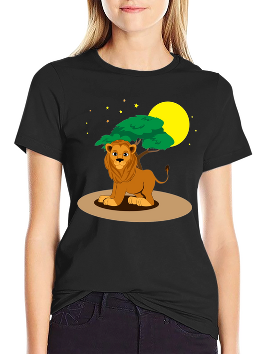 Cartoon Lion & Savannah Scene Black T-Shirt
