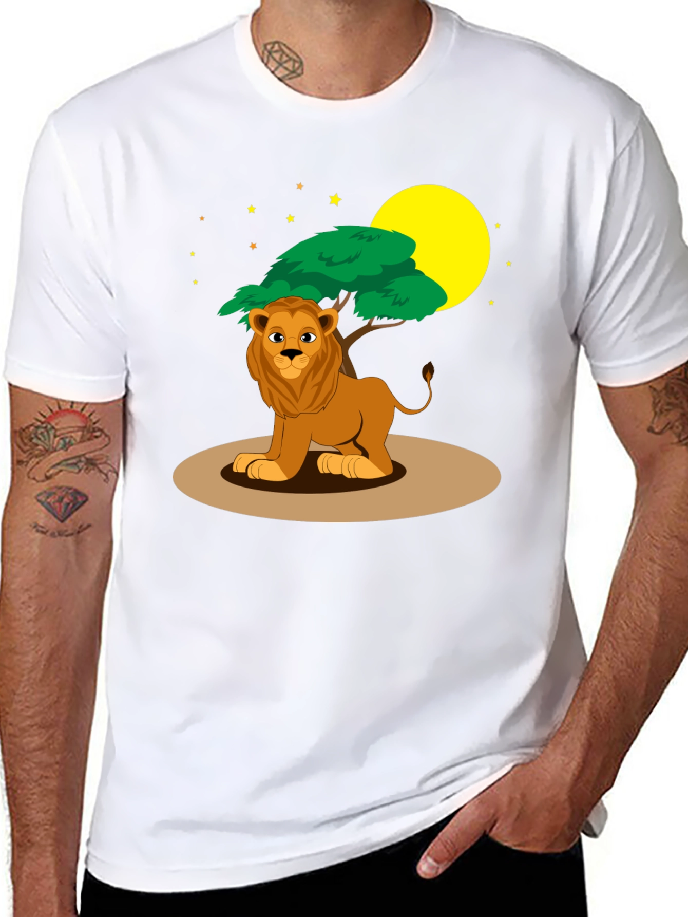 Cartoon Lion & Savannah Scene Black T-Shirt