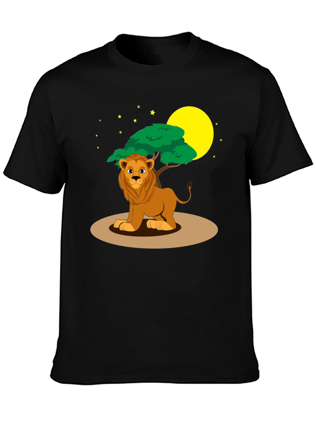 Cartoon Lion & Savannah Scene Black T-Shirt