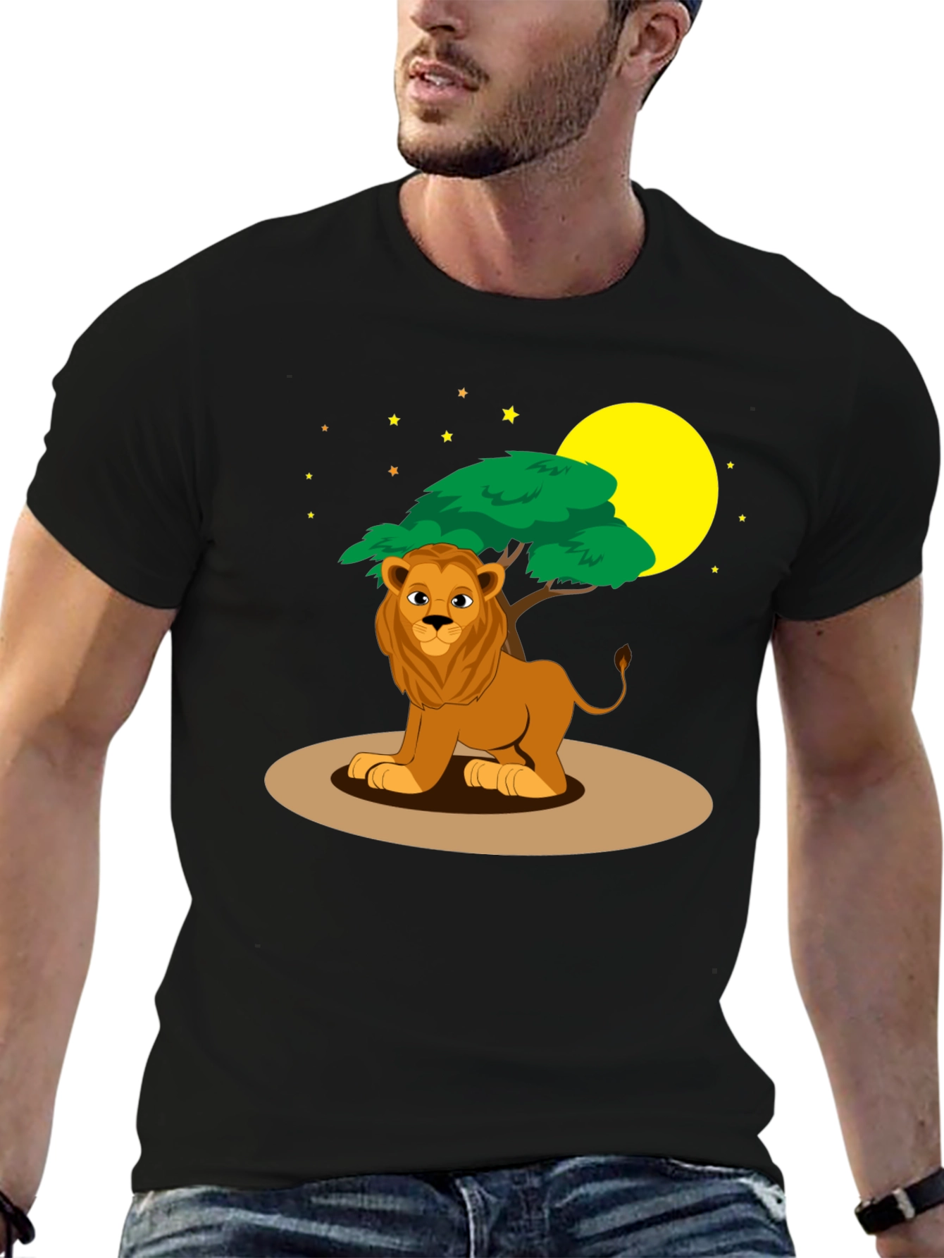 Cartoon Lion & Savannah Scene Black T-Shirt