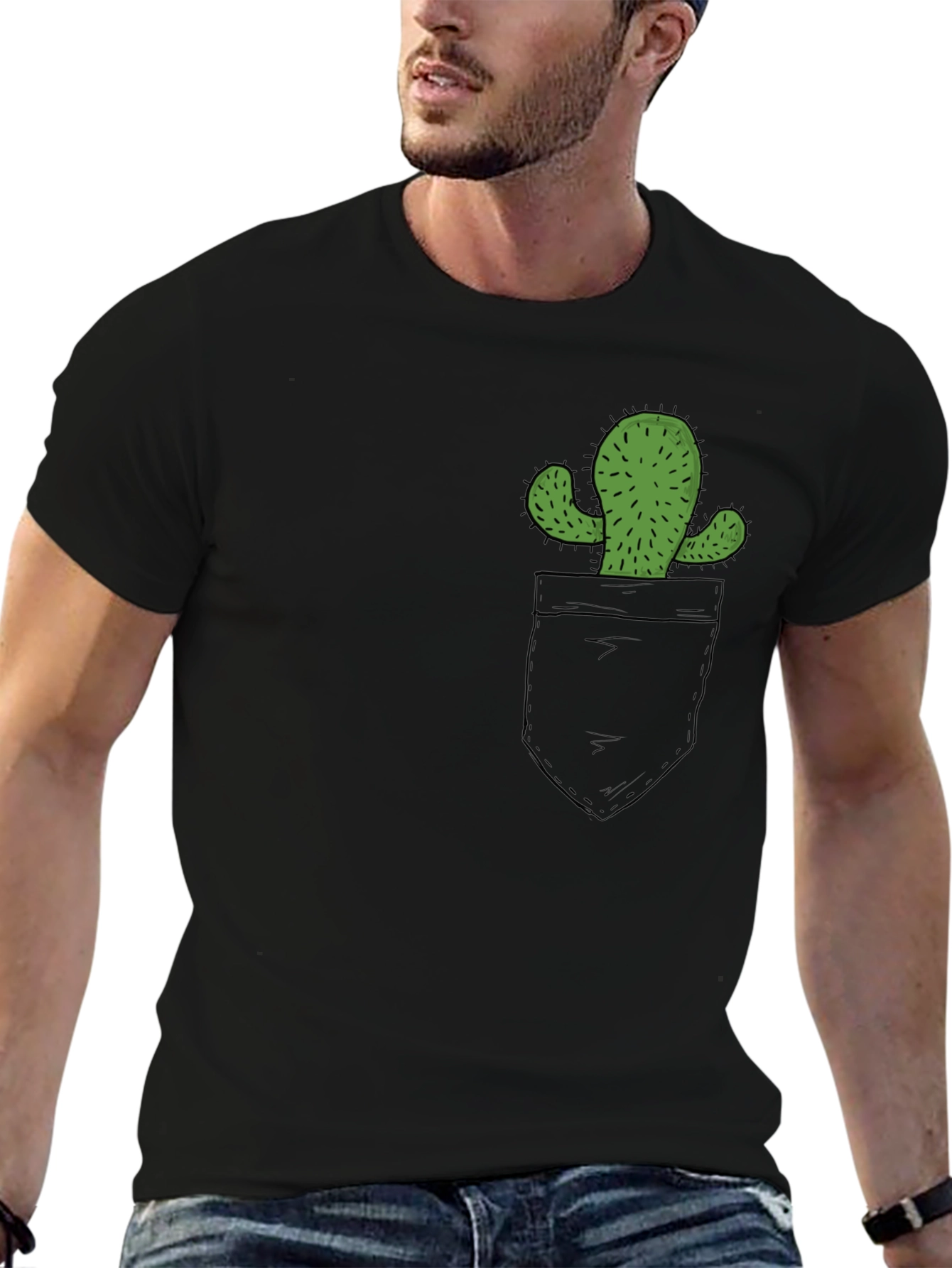 Cactus Pocket Graphic Tee - Black Cotton T-Shirt