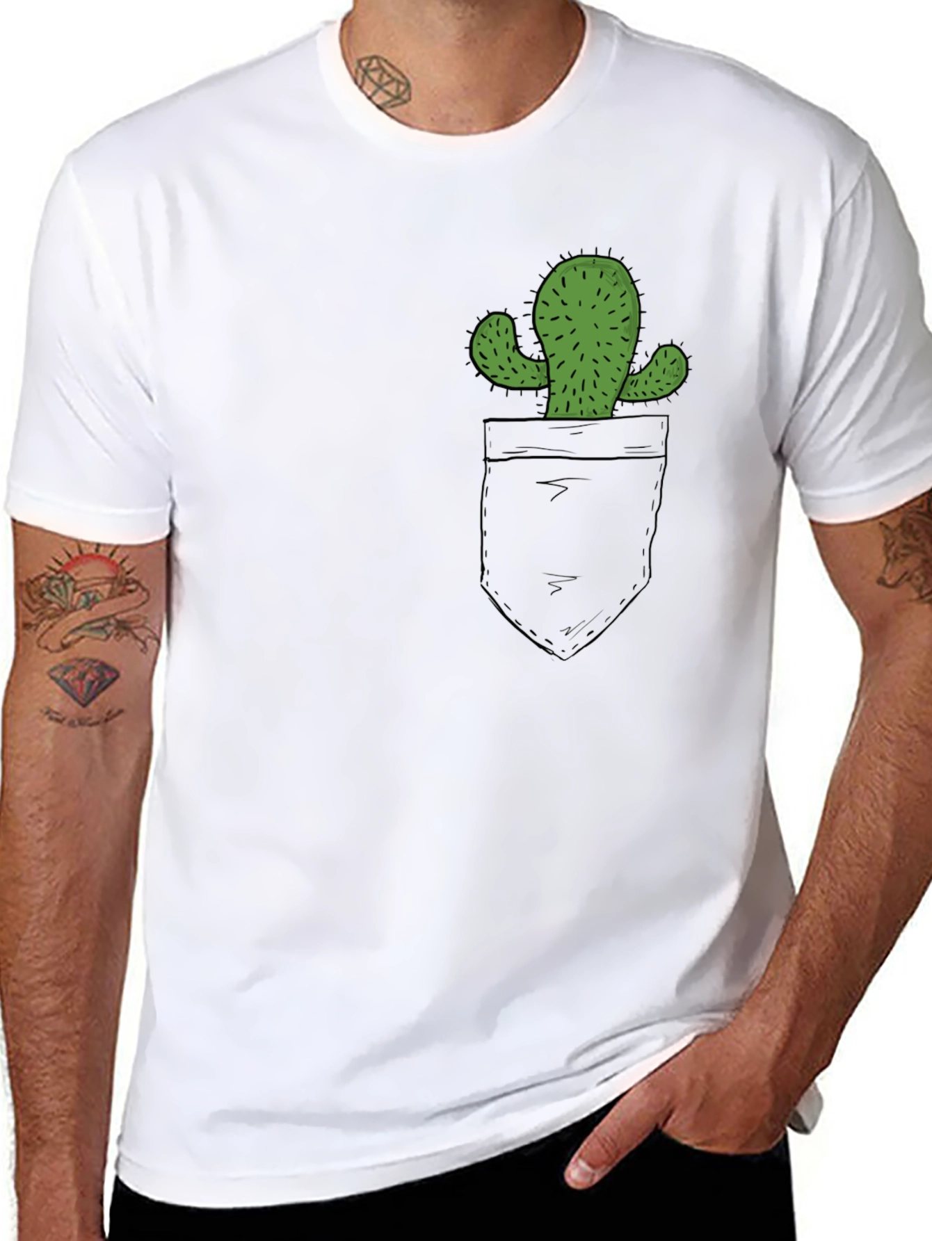 Cactus Pocket Graphic Tee - Black Cotton T-Shirt