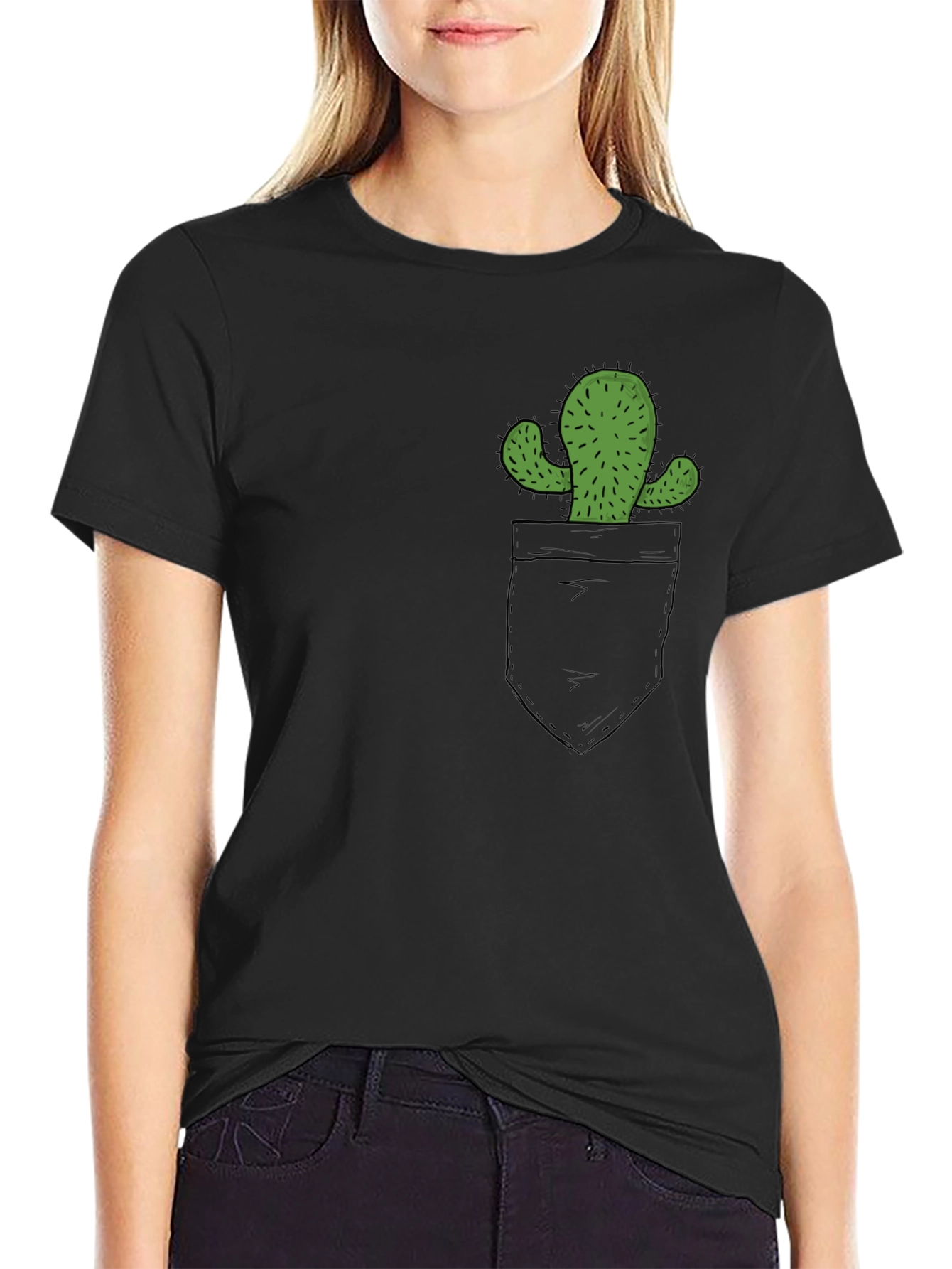 Cactus Pocket Graphic Tee - Black Cotton T-Shirt