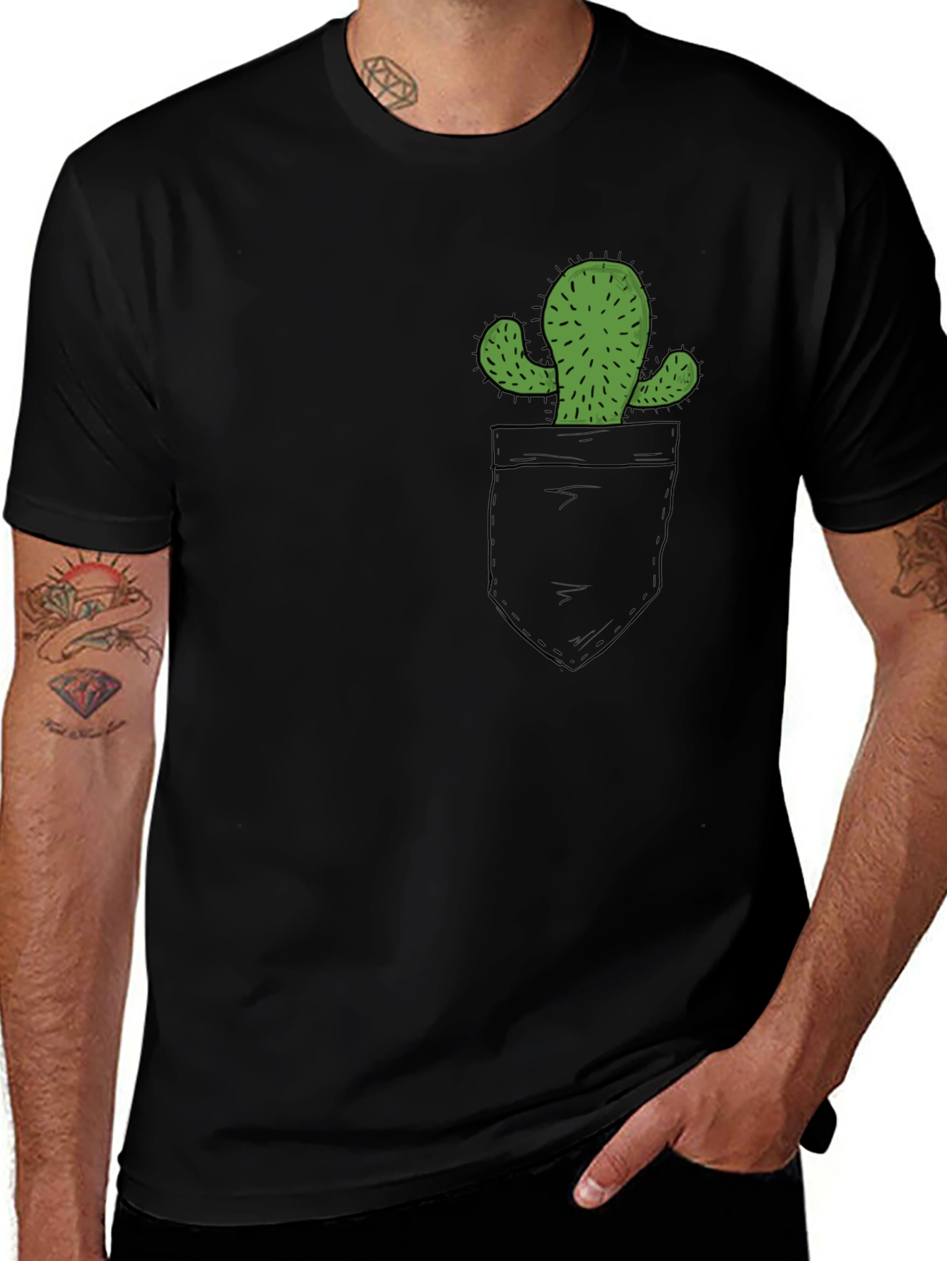 Cactus Pocket Graphic Tee - Black Cotton T-Shirt