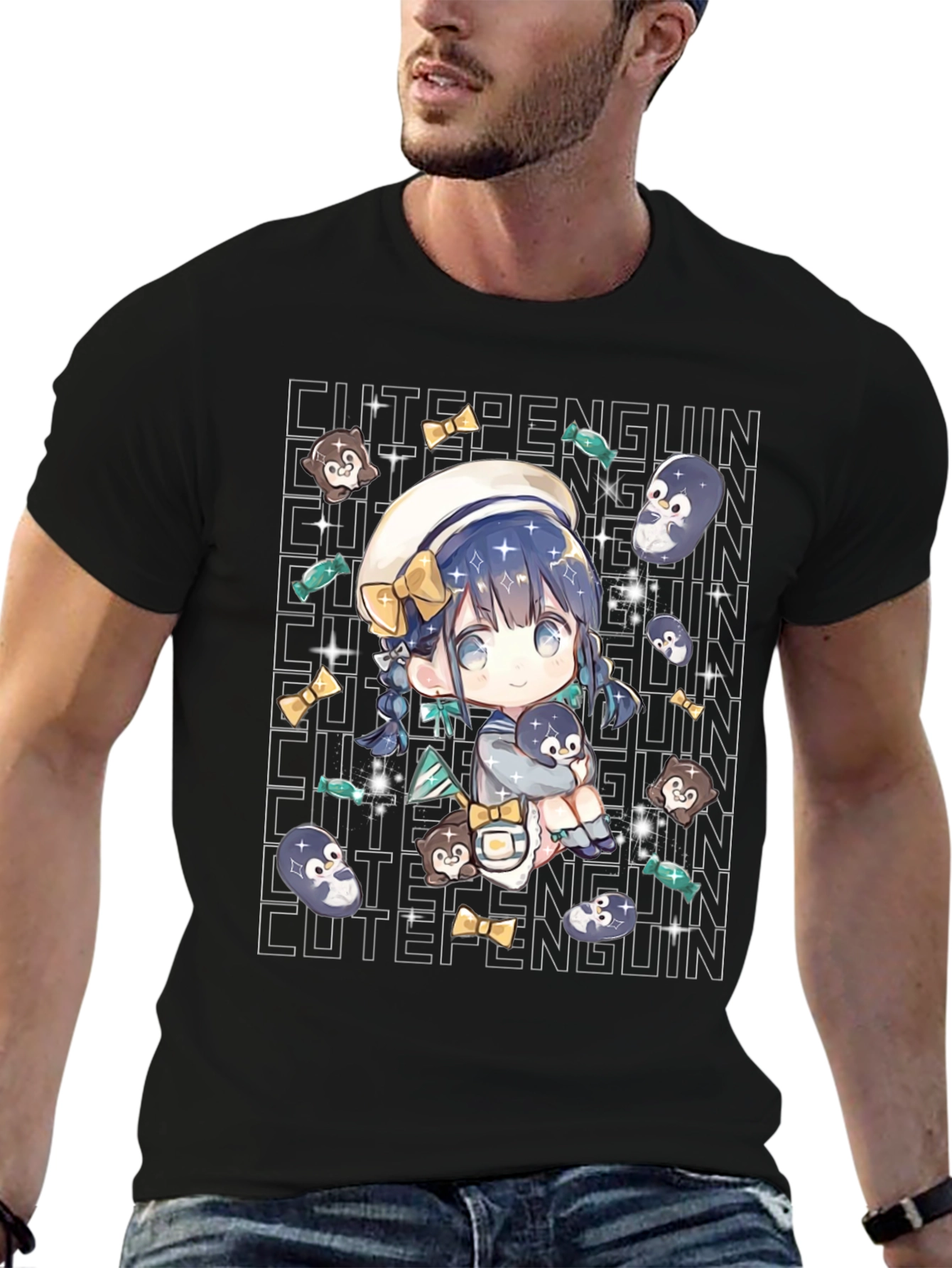 Anime Cute Penguin Black T-Shirt