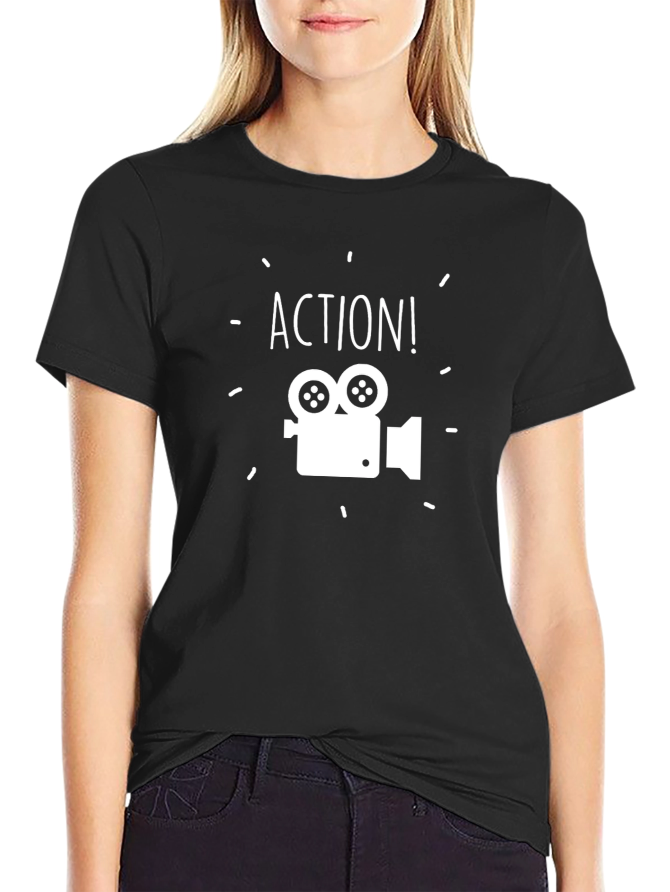 Action! Movie Camera Graphic Tee - Black Cotton Blend