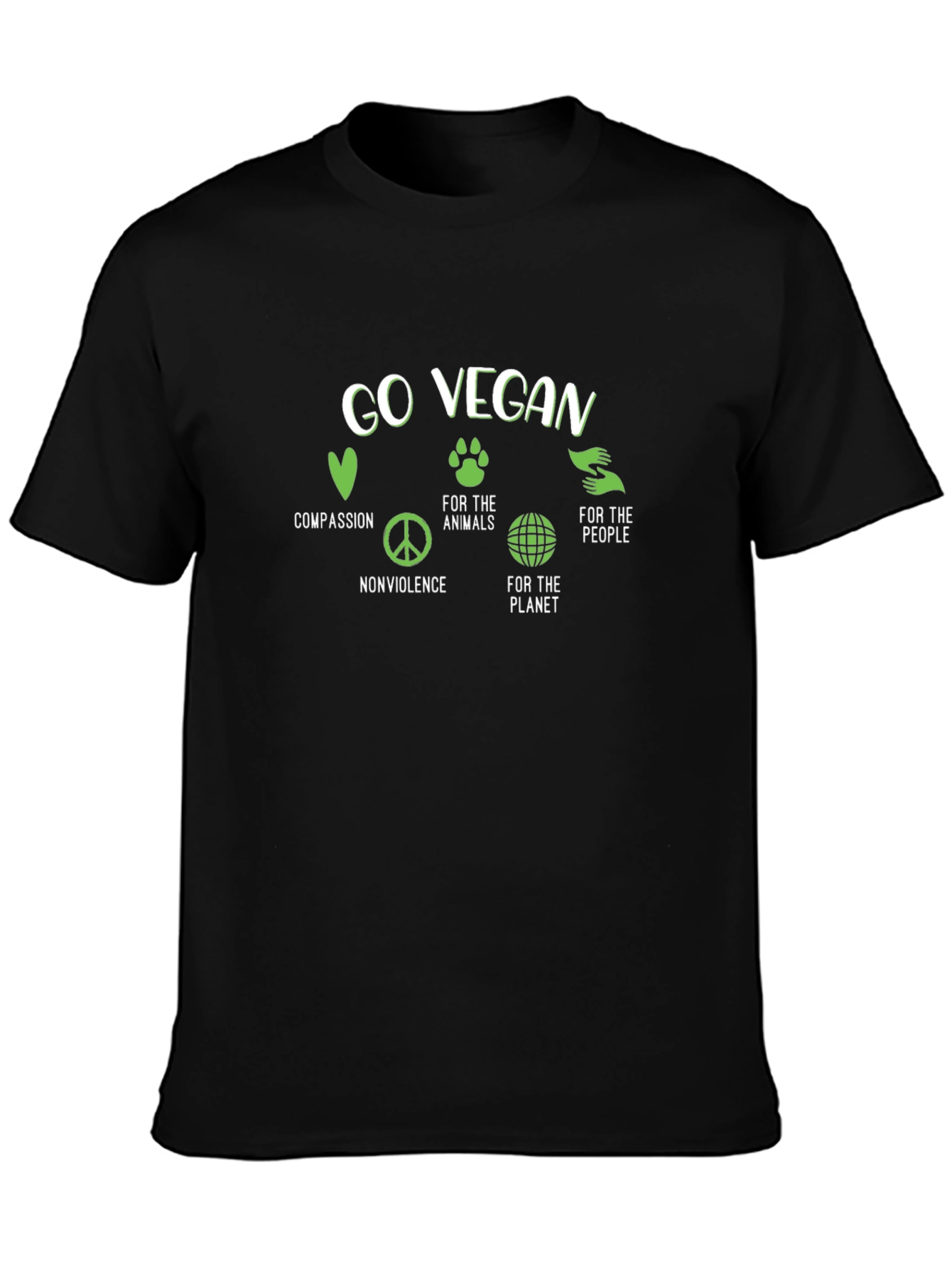 Go Vegan Black T-Shirt: Compassion Animals Planet People