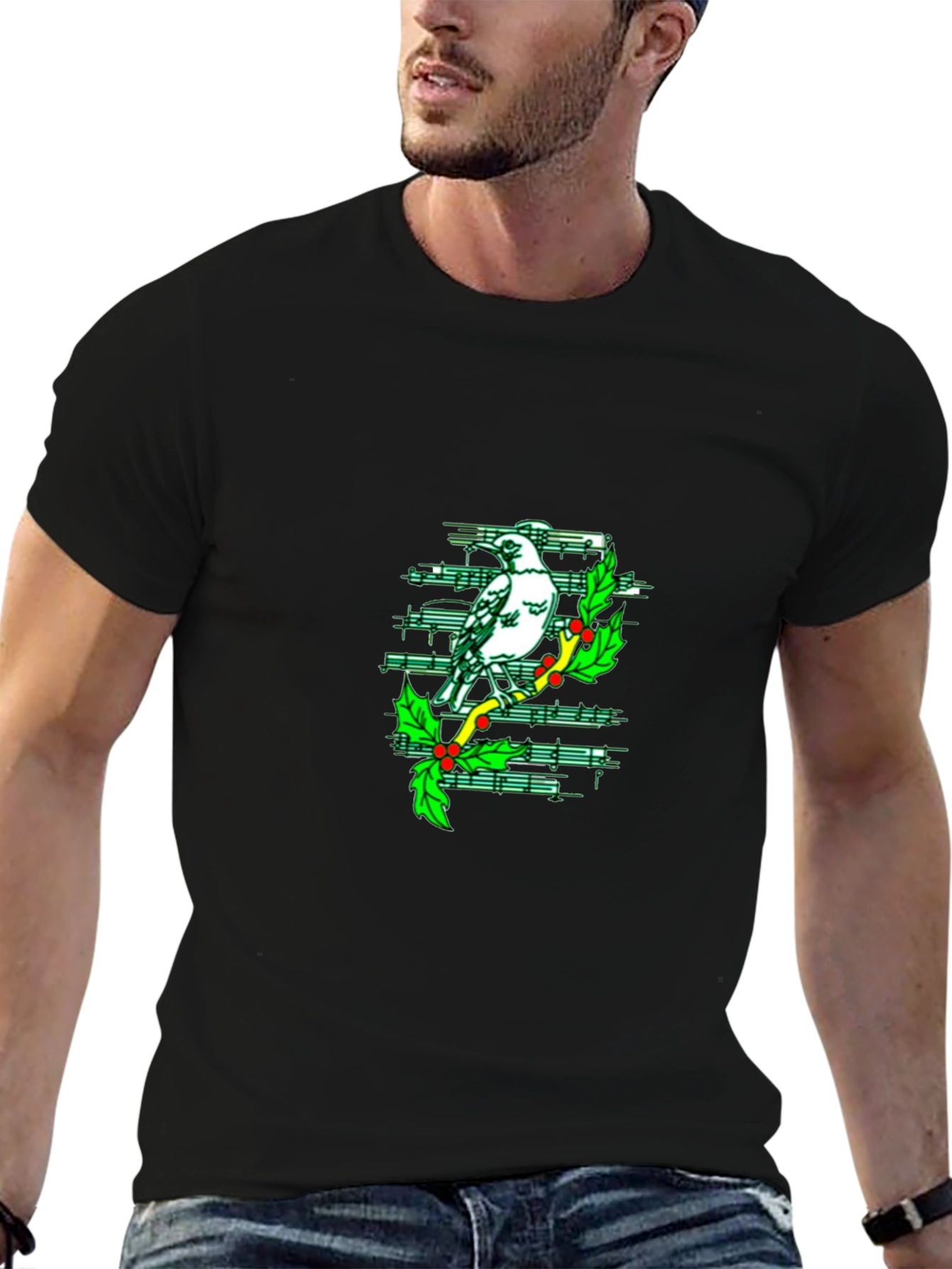 Musical Bird Graphic Tee - Black Cotton T-Shirt
