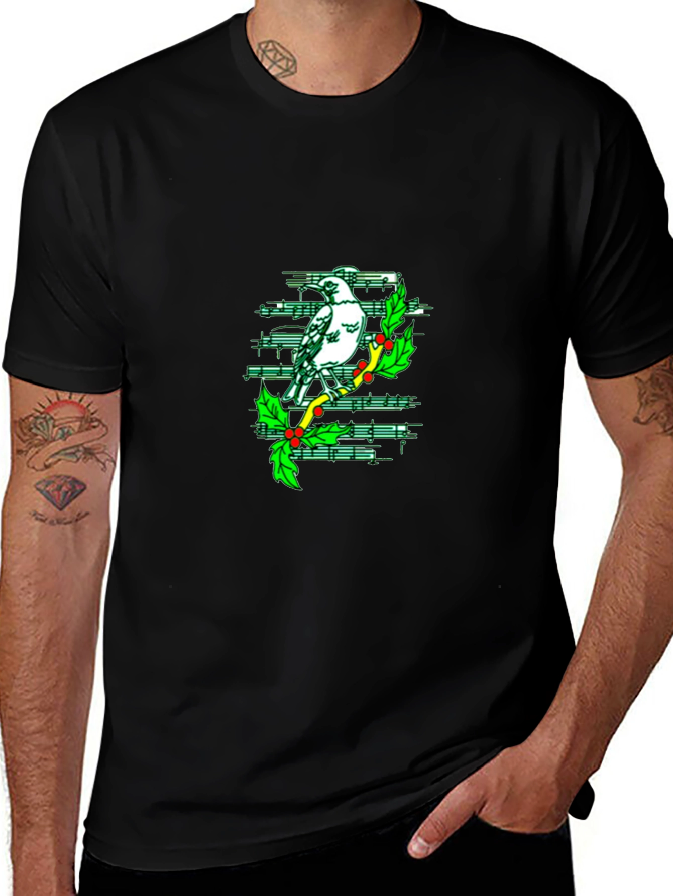 Musical Bird Graphic Tee - Black Cotton T-Shirt