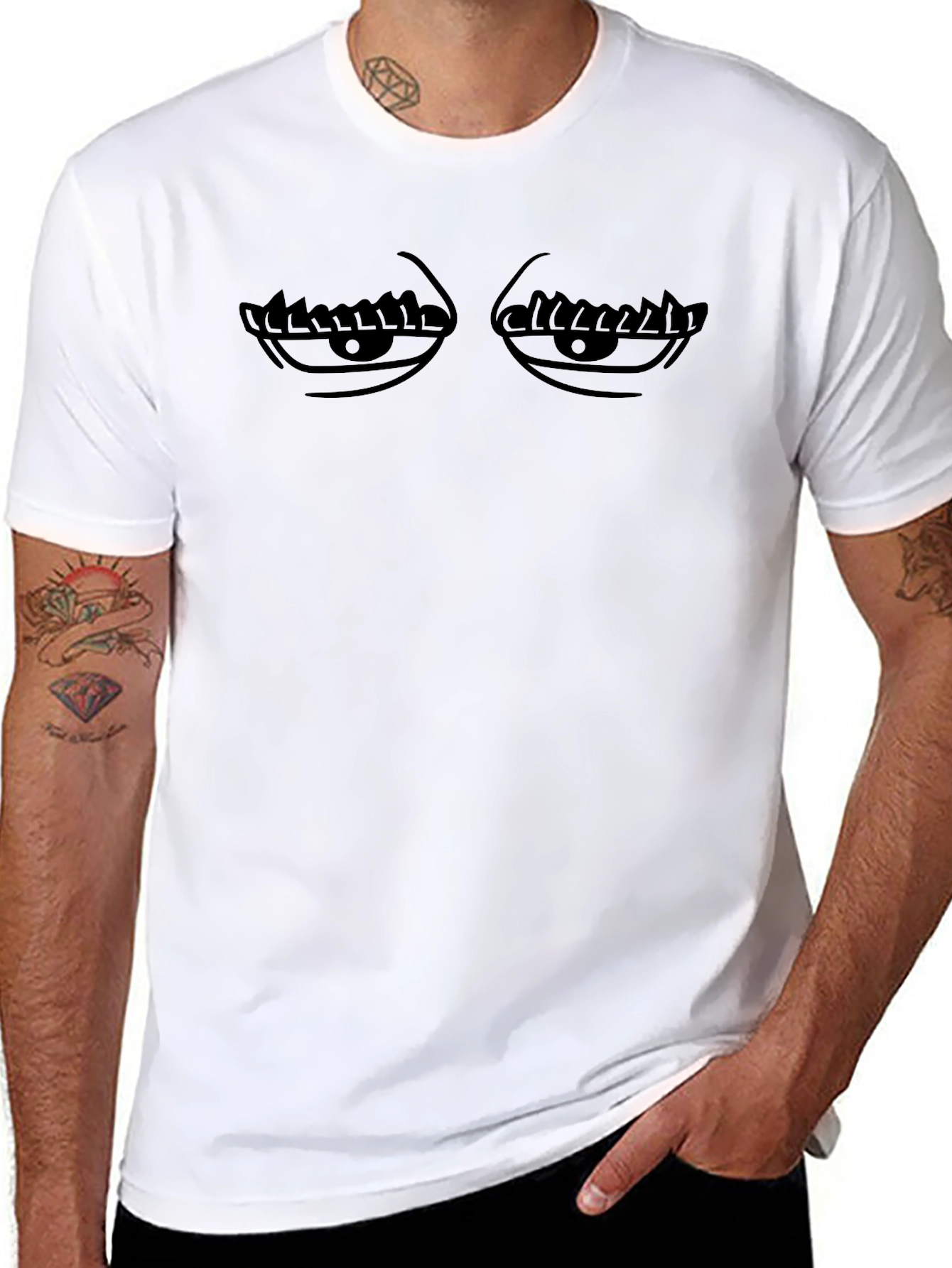 Mens Black Graphic Tee - Funny Sleepy Eyes Design