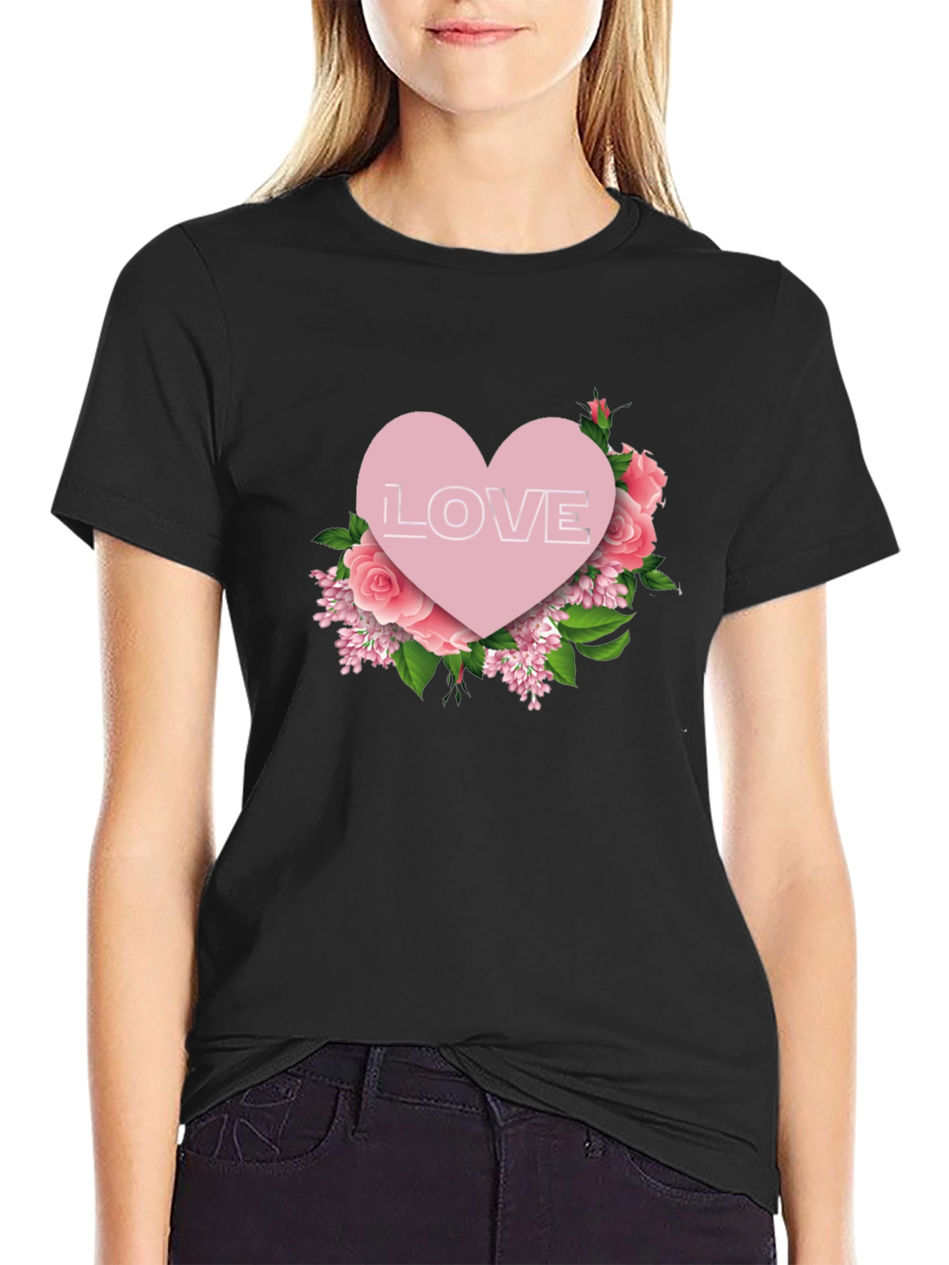 Love Heart Floral T-Shirt - Black