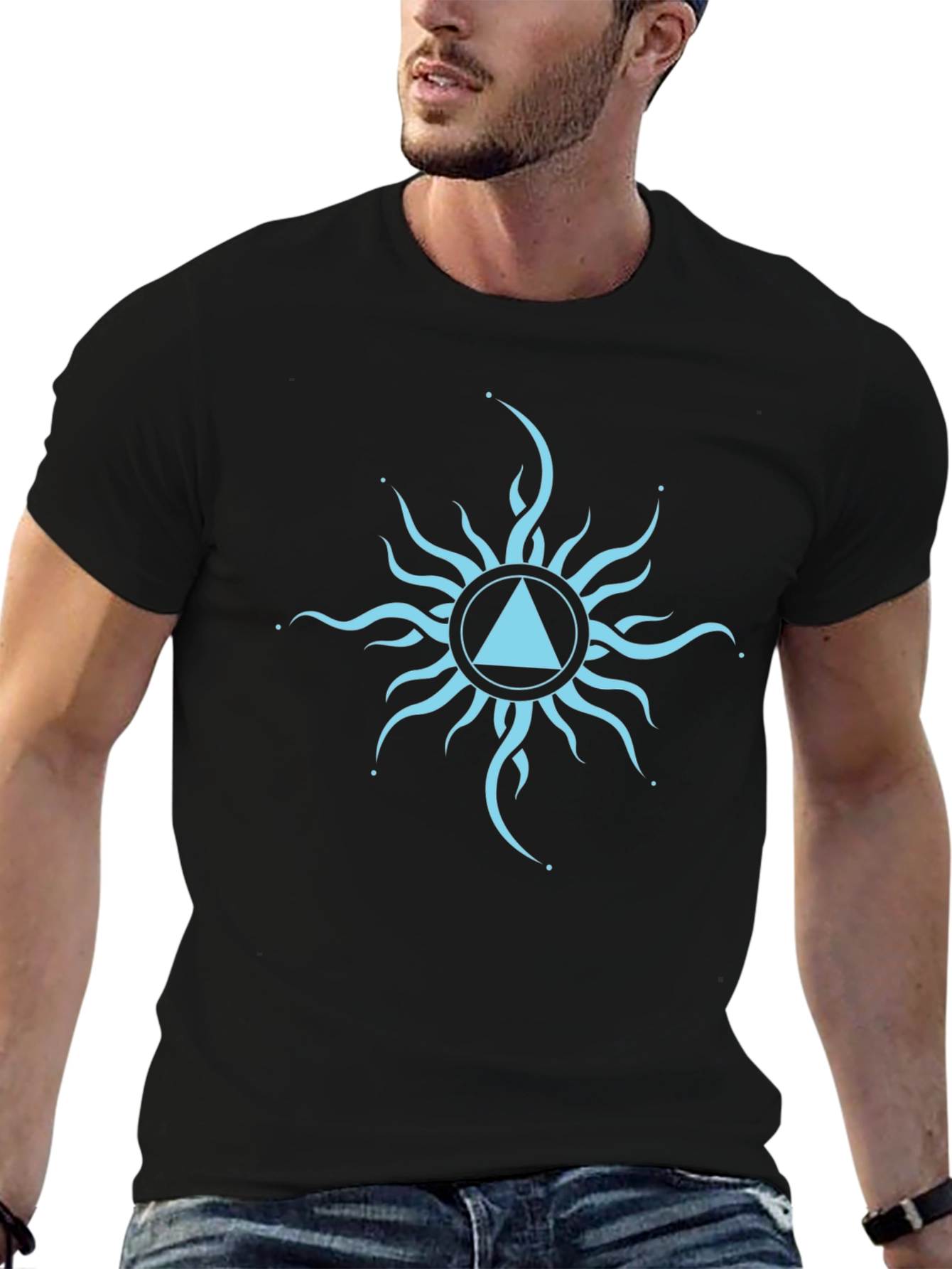 Black T-Shirt with Geometric Sun Design