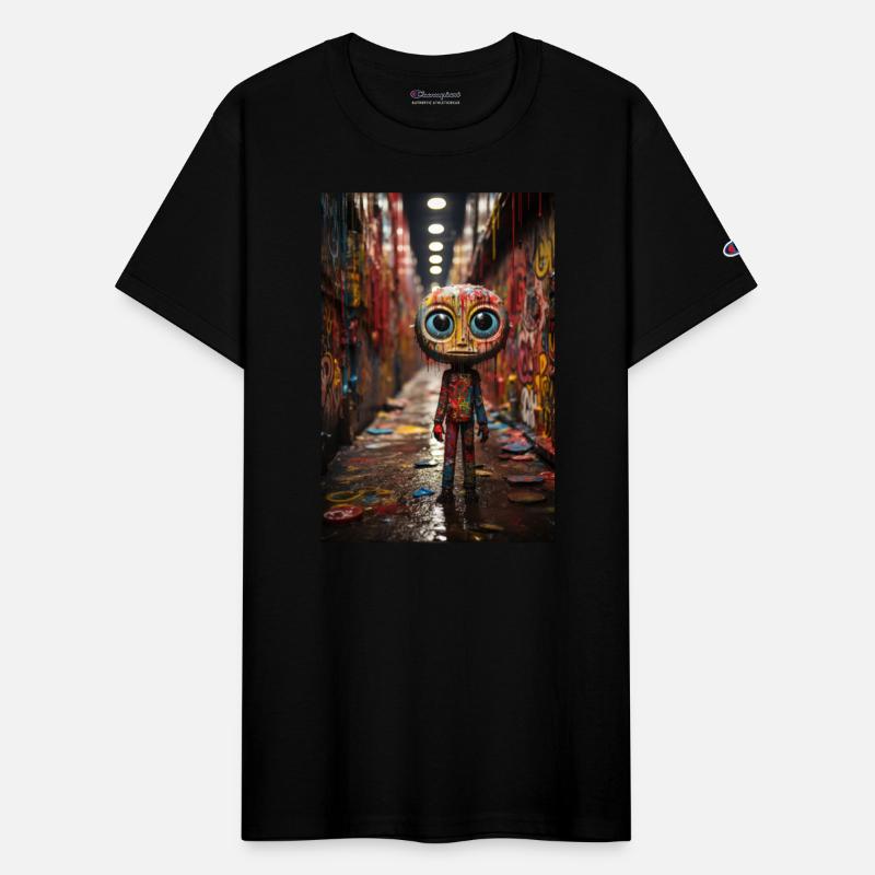 Cartoon Alley: Plastic Figure Amidst Vibrant Graff